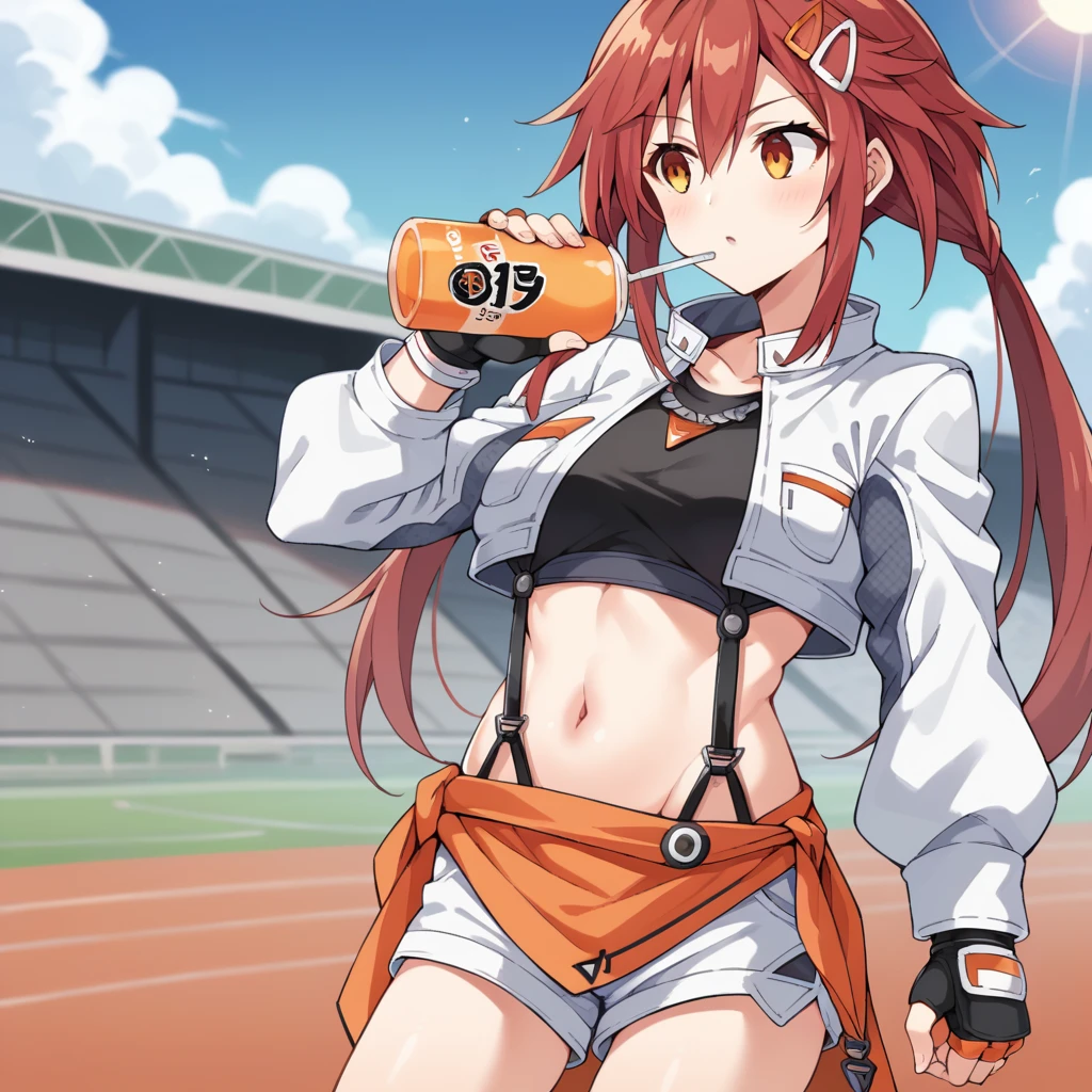 score_9_up, score_8_up, score_7_up, source_anime, masterpiece, best quality, 1girl, solo, Uzume, Uzu_Alt, sun light, race track, shadow, under roof, standing, holding sports drink, drinking straw, looking to side, curious, parted lips, red hair, long hair, hairclip, orange eyes, twintails, crop top, black shirt, suspenders, micro shorts, white shorts, orange sarong, cropped jacket, white jacket, long sleeves, white sleeves, black gloves, fingerless gloves, necklace, midriff, navel, mature body, dynamic cowboy shot, outdoors, race track stadium background