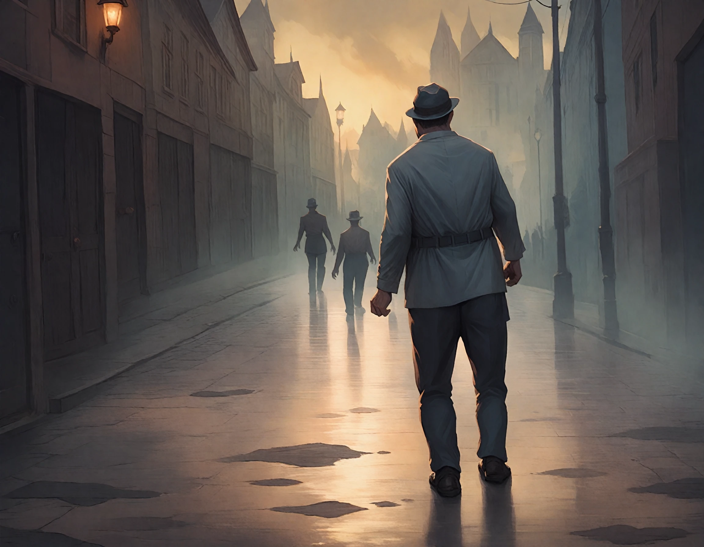 <lora:arkham_pony_j2:1>  art by "arkham horror lcg",  a man is walking though a foggy street, score_9, score_6_up, score_7_up