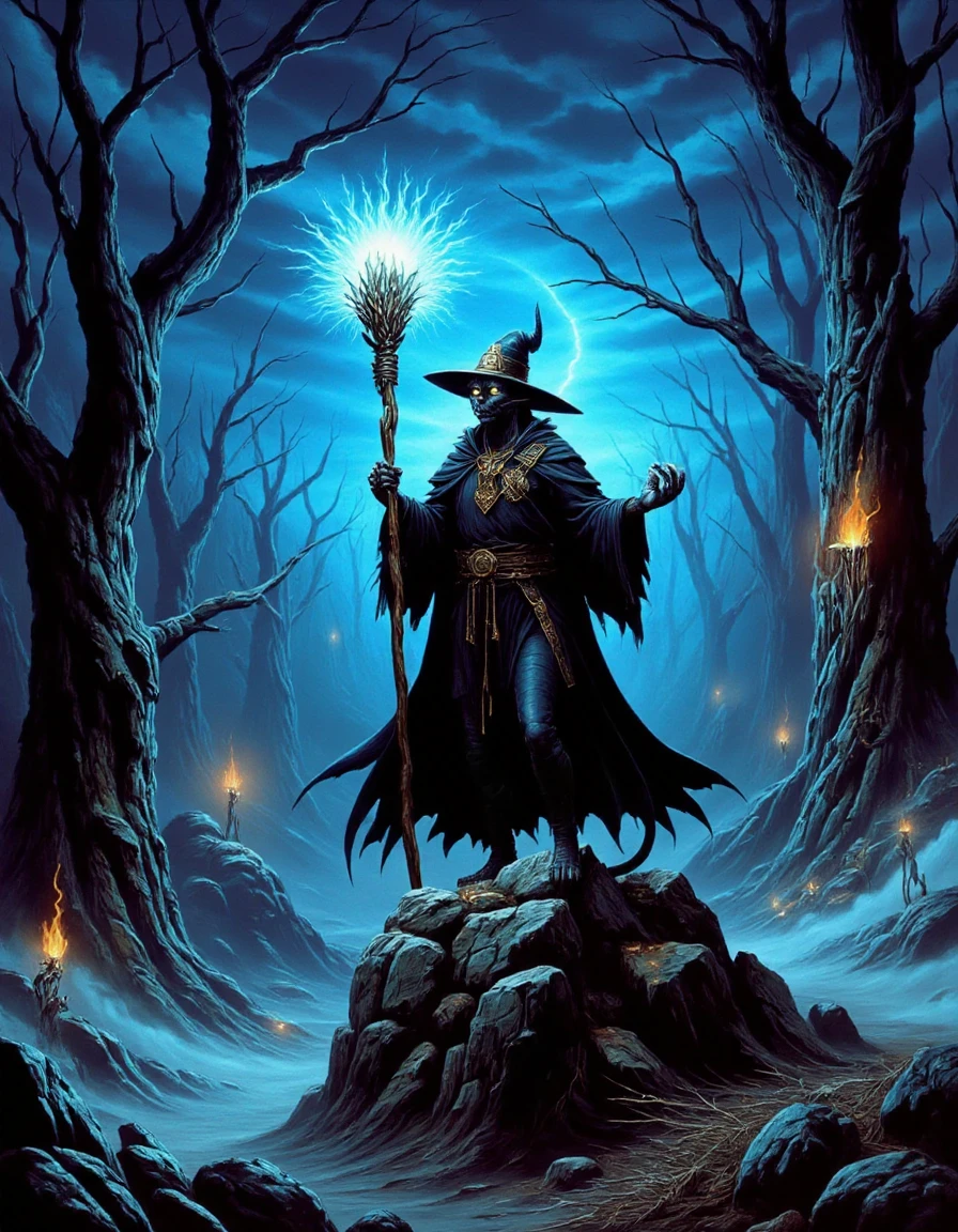 <lora:80s_dark_fantasy:1>,Dark fantasy scene in the 1980s style, featuring a powerful wizard cat standing atop a rocky outcrop in an enchanted forest. The cat is tall and lean, with sleek, midnight-black fur and glowing yellow eyes that pierce through the darkness. It wears a long, tattered robe adorned with ancient runes, and a large, pointed wizard's hat that casts a shadow over its face. In one paw, it holds a gnarled wooden staff, topped with a glowing crystal that illuminates the surrounding mist with an eerie, bluish light. The forest behind is dense with twisted trees and glowing, ethereal wisps floating between the branches. The atmosphere is thick with magic and danger, as the wind howls through the trees and distant thunder rumbles in the background. The color palette is dark and moody, with deep blues, purples, and blacks, creating a mystical and menacing vibe. The style is reminiscent of 1980s fantasy illustrations, with a mix of the fantastical and the mysterious, centered around the enigmatic wizard cat.