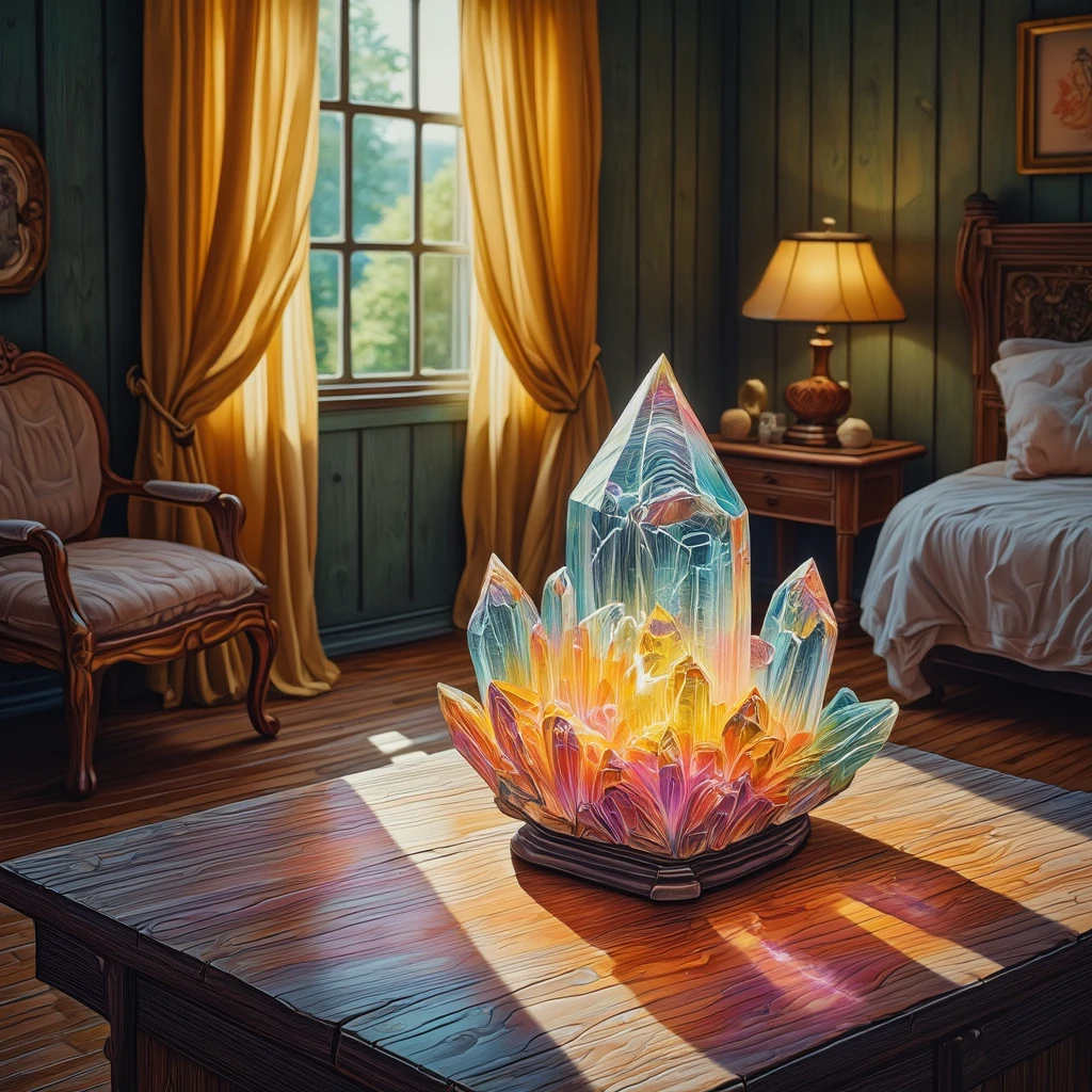 Color drawing of mysterious crystal on a table, in a rustic bedroom. Light shining through a crystal. Light refraction. Casting colorful light upon the floor. A chair, a table.

pncldrwenCE style.