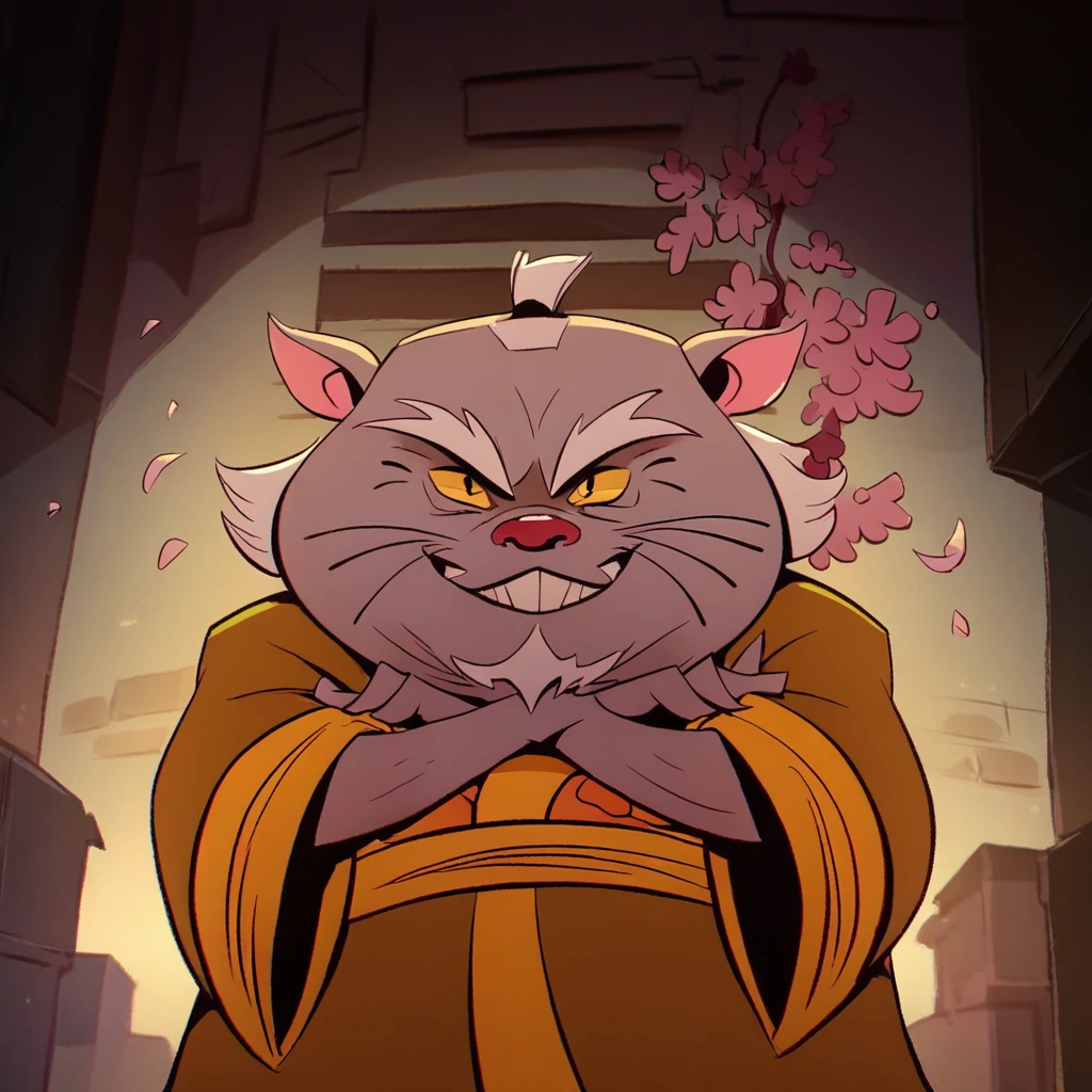 score_9, score_8_up, score_7_up, score_6_up, solo, master splinter (rotmnt), robe, whiskers, yellow sclera, looking at viewer, arms crossed, grin, cherry blossoms, alley