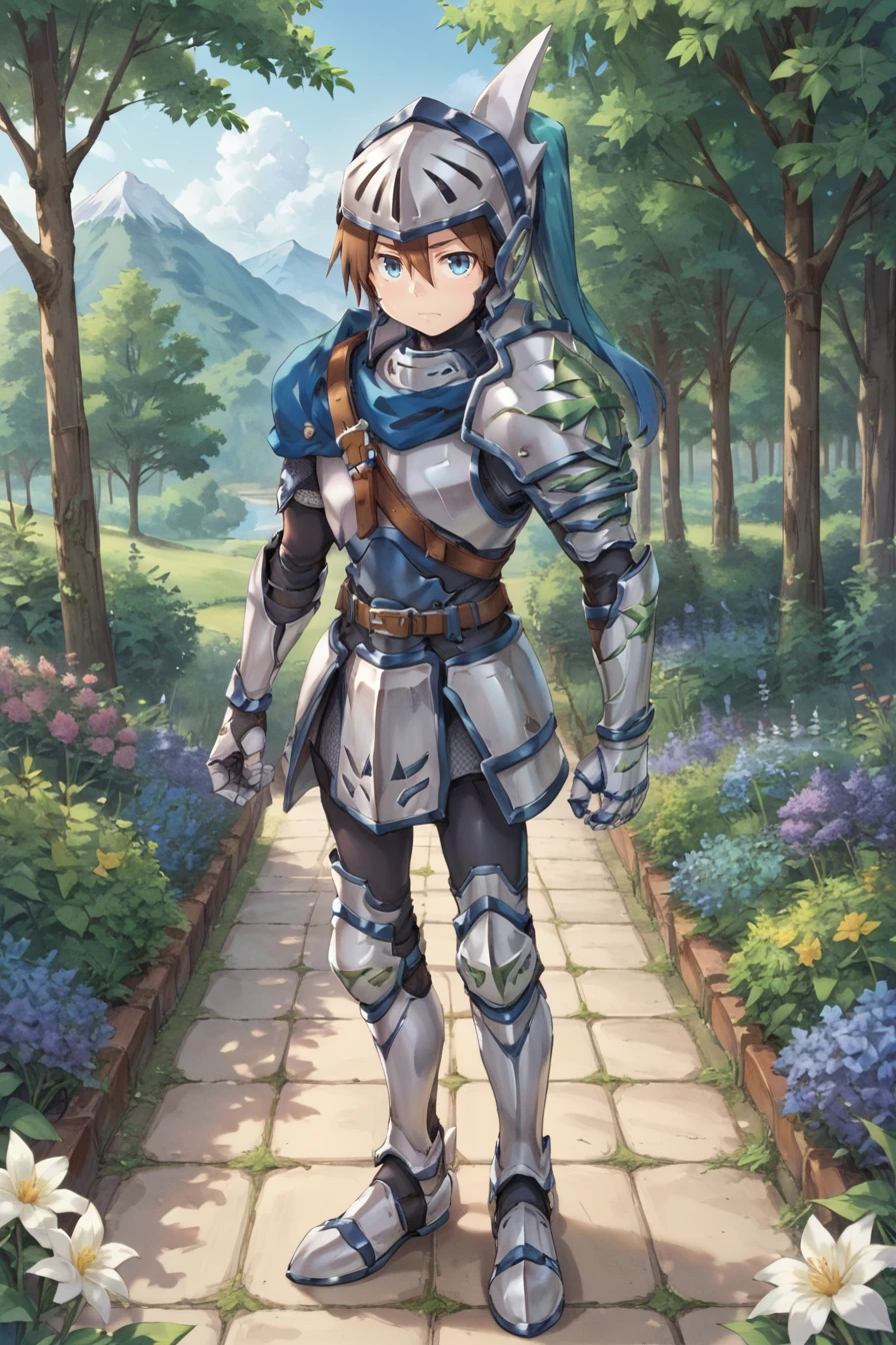 score_9, score_8_up, score_7_up, score_6_up, source_anime, BREAK, <lora:Durant:0.8> durdef, 1boy, brown hair, short hair, hair between eyes, blue eyes, helmet, blue plume, multicolored plume, visor \(armor\), armor, blue scarf, shoulder belt, single pauldron, shoulder armor, gauntlets, greaves, full body, solo, serious expression, closed mouth, looking at viewer, exterior, forest, mountain, garden,<lora:backgroundsetXL:0.3> , background, <lora:gr33nXLP:0.4> , gr33n, plant, flower,