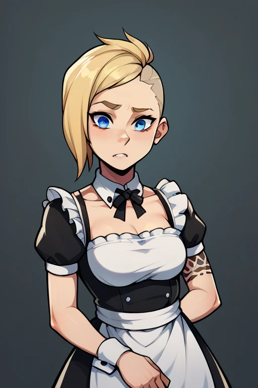 2D, score_9, score_8_up, score_7_up, BREAK, 1girl, solo, sofiaporter, blonde hair, asymmetrical hair, blue eyes, tattoo, maid outfit