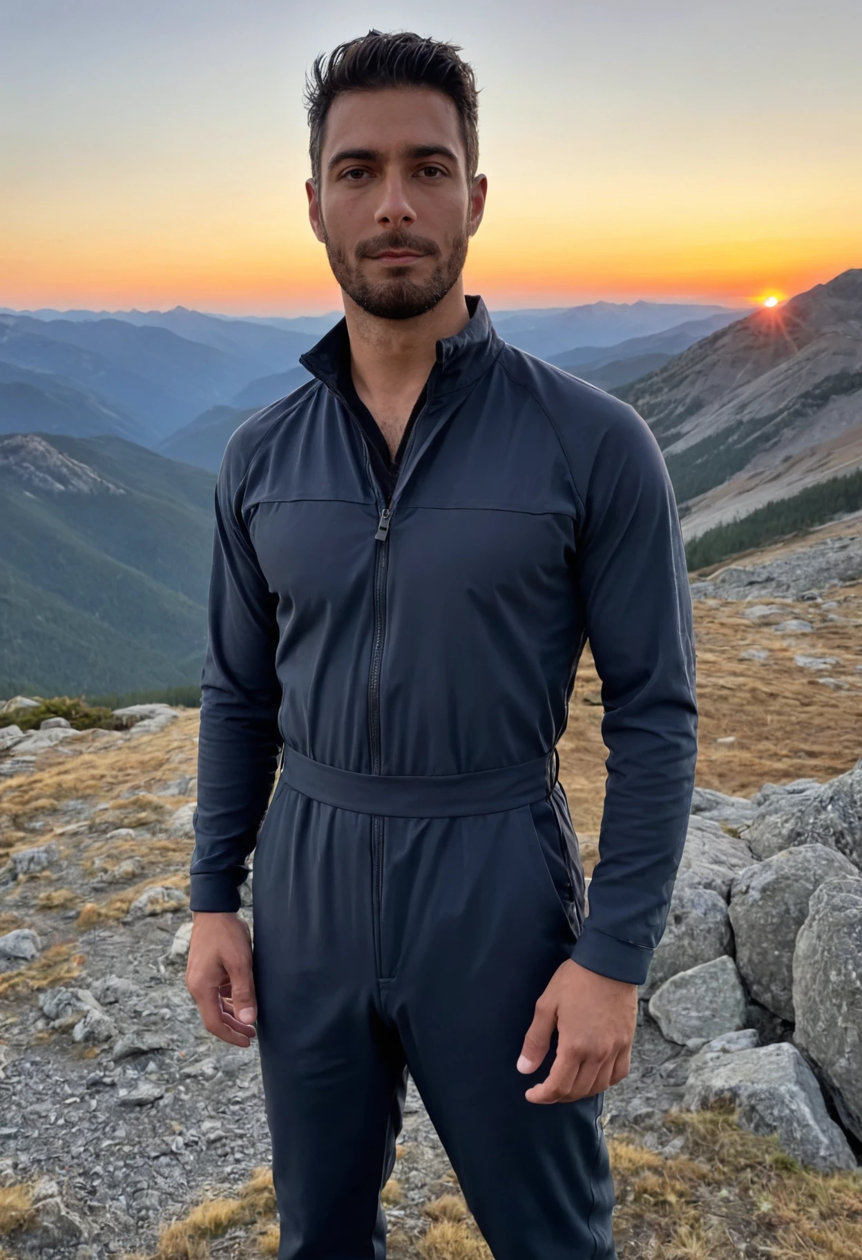 photo of a man, facial hair, wearing a jumpsuit, at a mountain, sunset, looking at viewe, <lora:Jim_Garo_SDXL:.9>