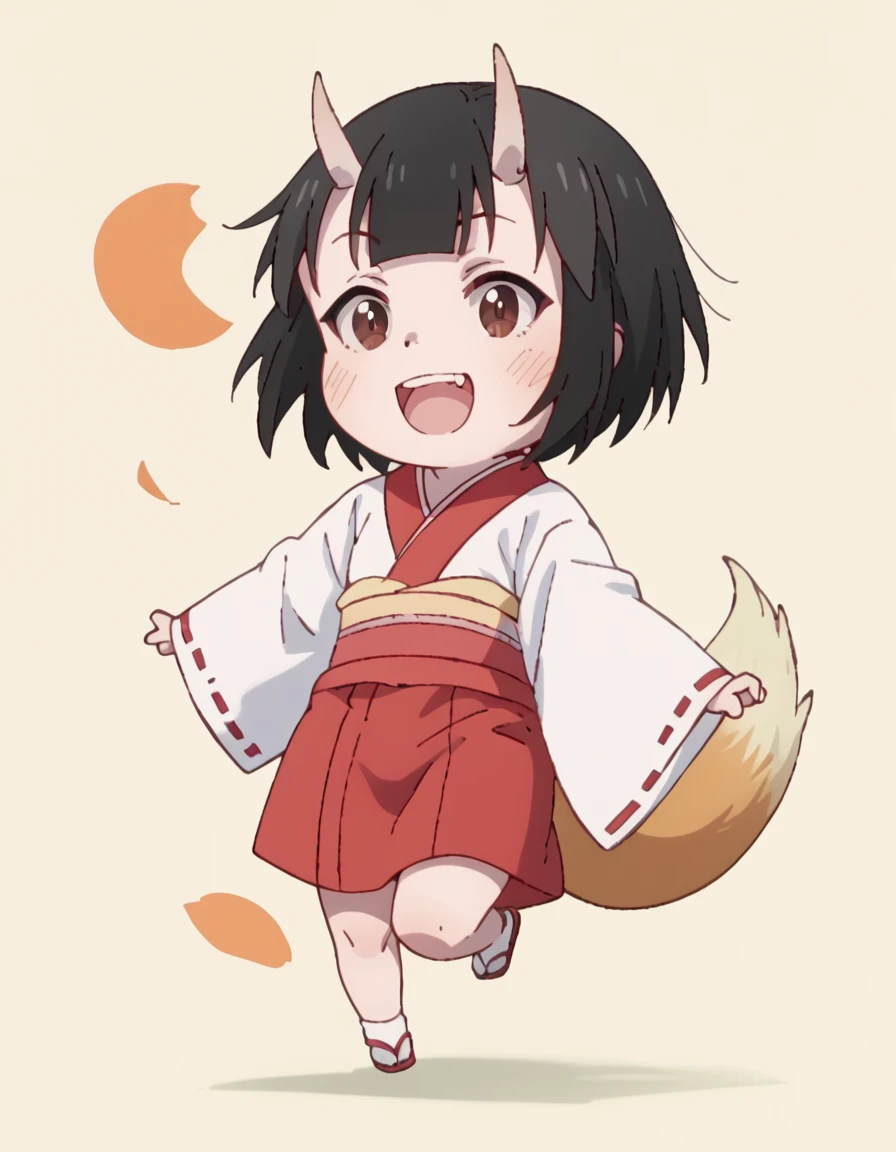 Miko, short hair, black hair, brown eyes, oni, kimono, chibi, fox tail, score_9, score_8_up, score_7_up, score_6_up, score_5_up, score_4_up, source_anime <lora:MissShachikuLittleBabyGhost:1>, Dynamic Pose, Happy,