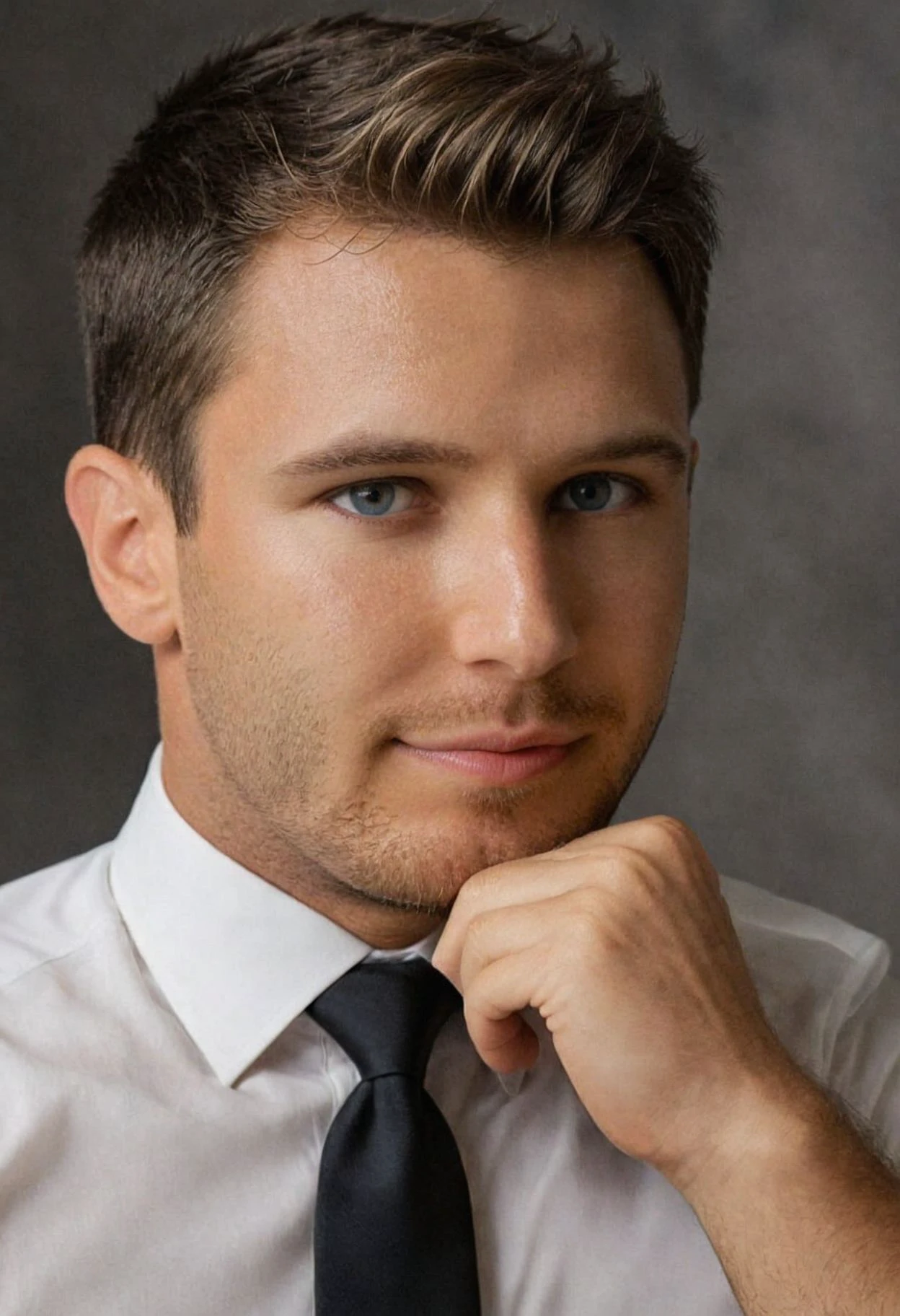 Create an ultra-realistic shot of a sam-cushing with natural,flawless skin,muscular body,short hair,light smile,brown hair,beard stubble,head rest.,
He should be wearing white shirt,black suit,tie,belt.,
Focus the shot intensely on his eyes,capturing their depth and emotion.,
Ensure the lighting highlights the textures and subtleties of his skin while keeping the background soft and unobtrusive.,
Emulate the style of National Geographic Magazine portraits,known for their authenticity and detailed storytelling.,
For additional inspiration,refer to the works of Steve McCurry and Annie Leibovitz,whose portraiture often captures both profound realism and striking visual elements.,<lora:sam-cushing:0.9>,