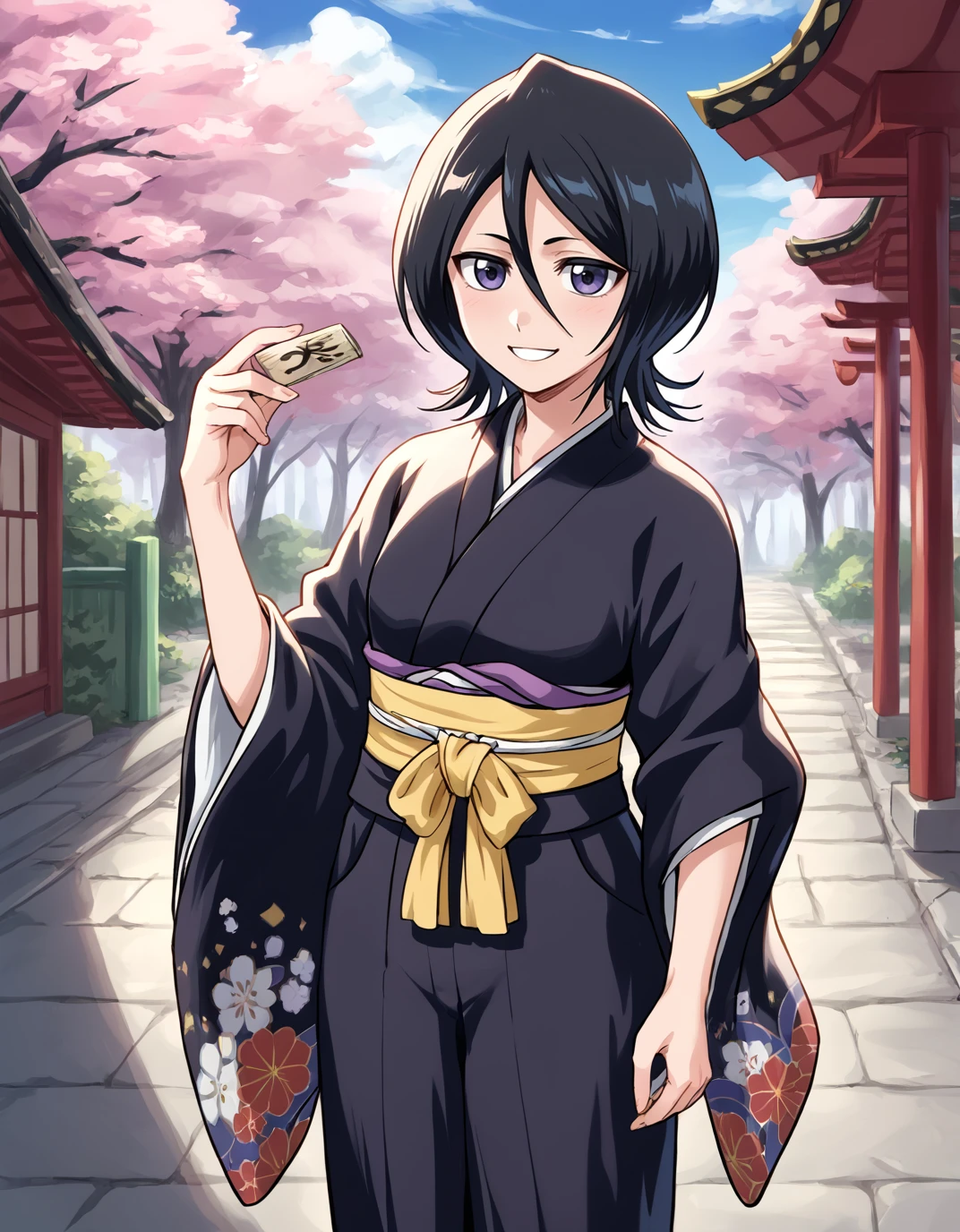 kuchiki rukia, 1girl, solo, kimono, flowered kimono, smile <lora:Rukia:1> <lora:StS_detail_slider_v1:3>, score_9