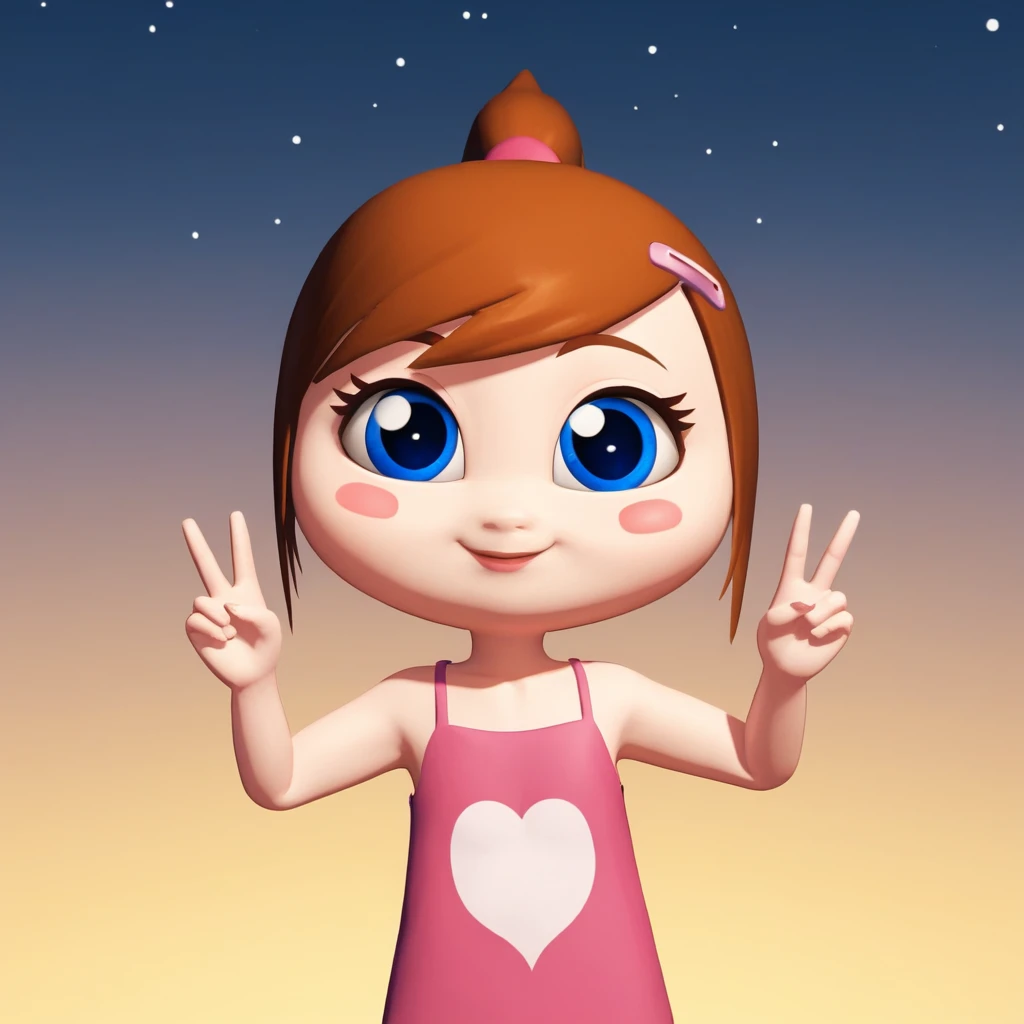 score_8_up, BREAK, IlonaMitrecey, 1girl, solo, brown hair, ponytail, blue eyes, pink dress, upper body,  <lora:IlonaMitrecey_PXL_Leaf1:1>, starry background, gradient background, double v, 3d,