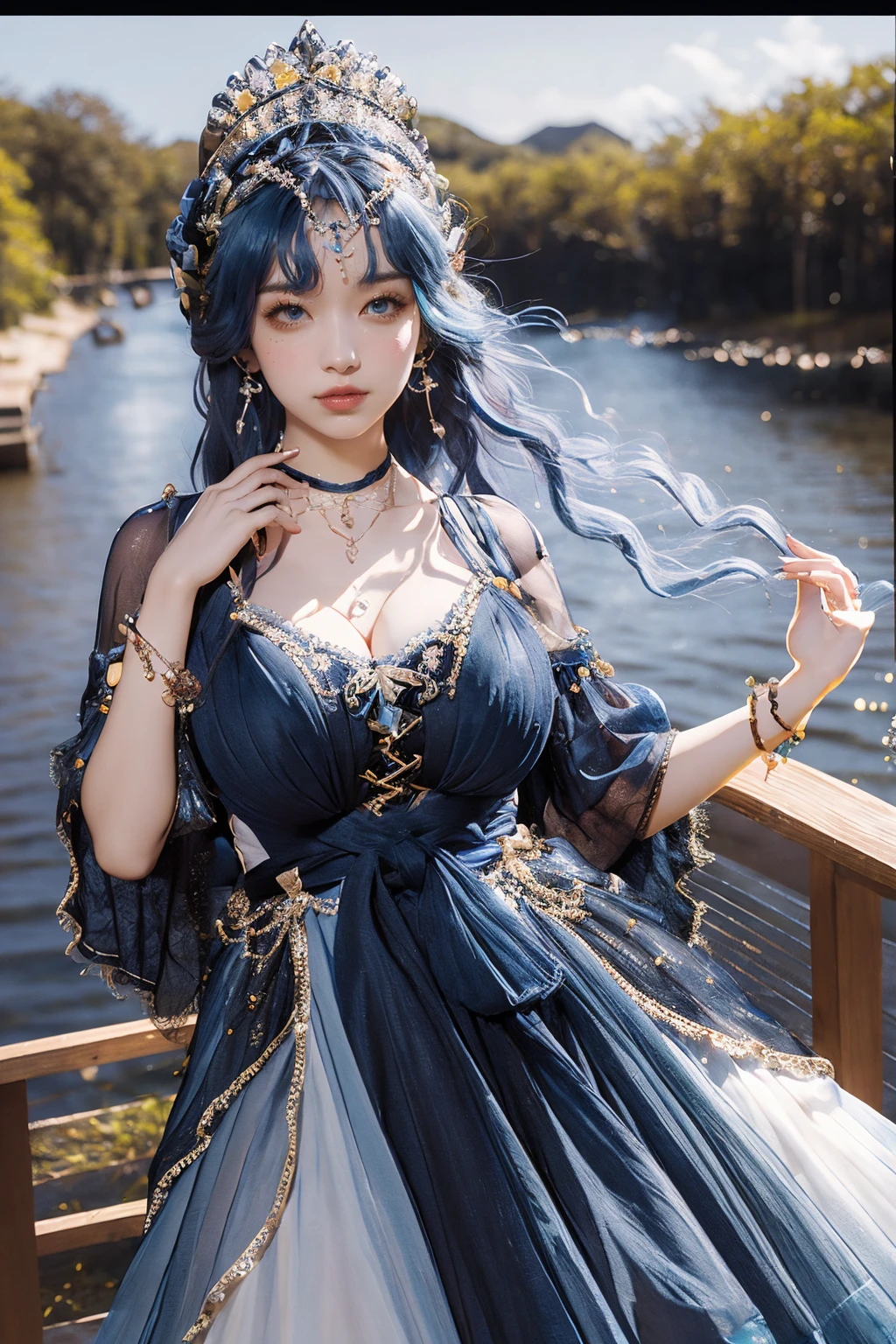 (masterpiece, best quality:1.2),illustration,8k,hd,Tyndall effect,huge filesize,1 girl,very long hair,solo,cldqz,dress,blue dress,hair ornament,bracelet,jewelry,choker,bracelet,bow,necklace,(blue hair:1.1),big breasts,cleavage,bouncing breasts,day,lake,simple background,hands down,((extremely detailed dress)),areola,nipples,