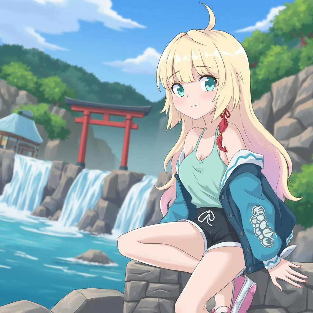 Mizuki, aqua eyes, long blond hair with pink highlights , red earring, platform sandals, black shorts, aqua tank top, aqua jacket, close up, on a hill with a tori gate, waterfall, water magic