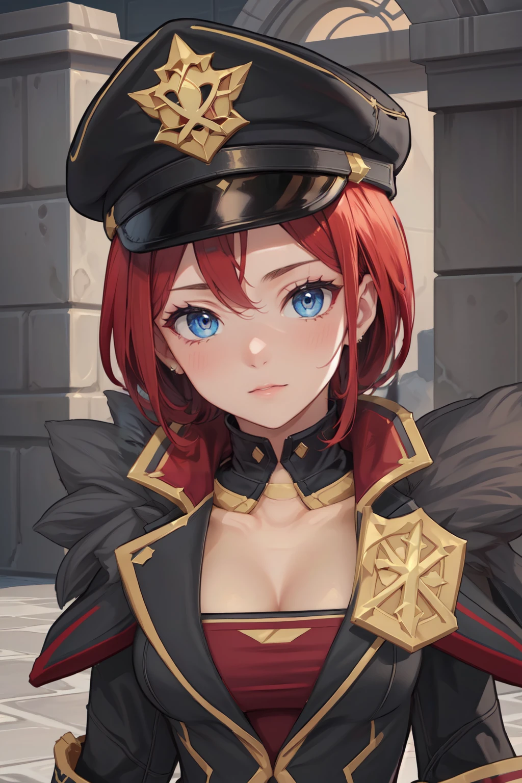 (masterpiece, best quality, beautiful and aesthetic:1.3),
rom_tyrant, 1girl, solo, portrait, upper body, short hair, police cap, fur trim, looking at viewer, 
shiny skin, beautiful face, beautiful eyes, extreme detailed, official art, professional illustration, hires,
<lora:rom_tyrant-08:0.9>, <lora:add_detail:0.5>