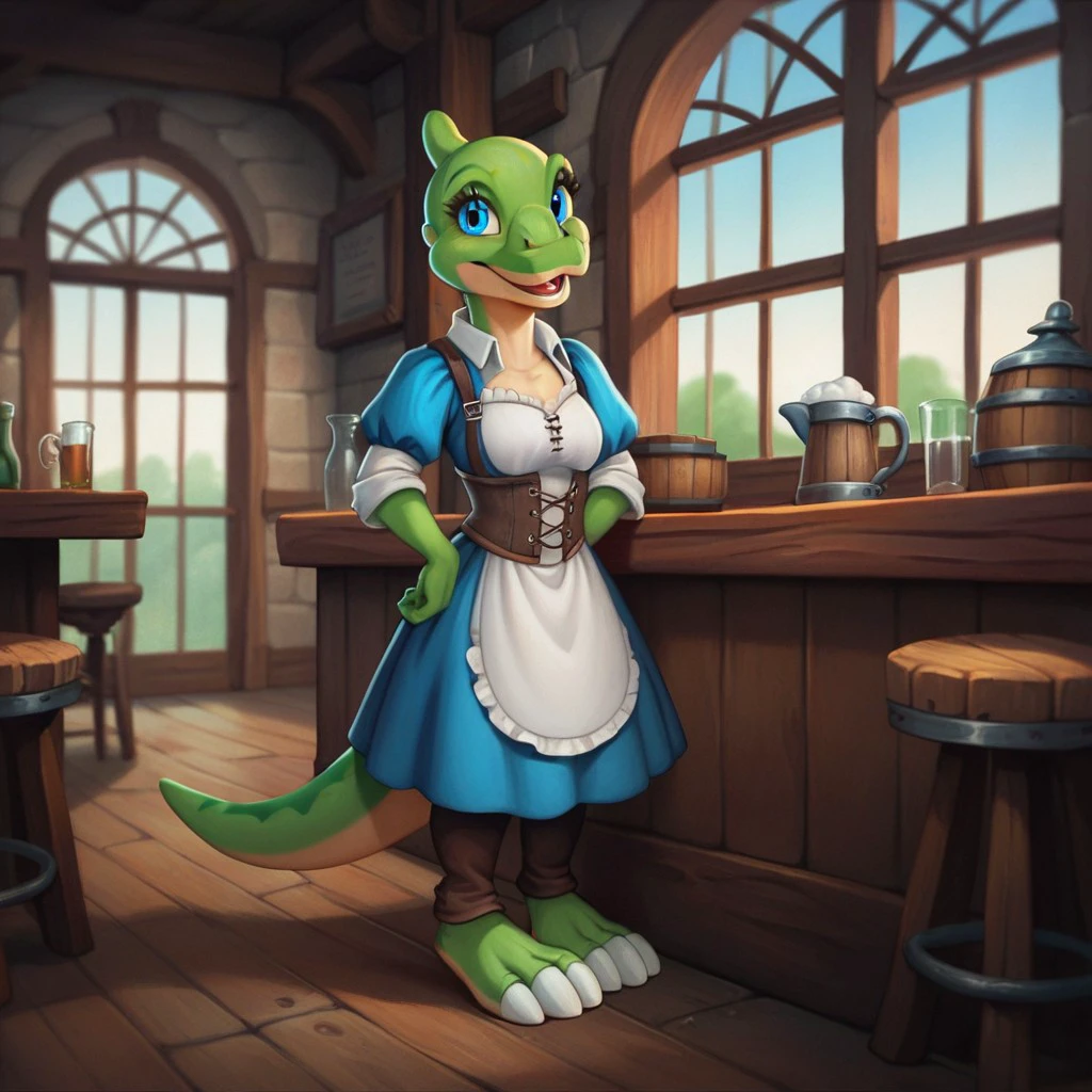 score_9, score_8_up, score_7_up, score_6_up, source_furry, Duckylbt, anthro, female, Saurolophus, dinosaur, scalie, green skin, blue eyes, medieval tavern, medieval  barmaid outfit, <lora:d0137ffa-0563-4d91-942f-6f6de11dcdd1:0.7>