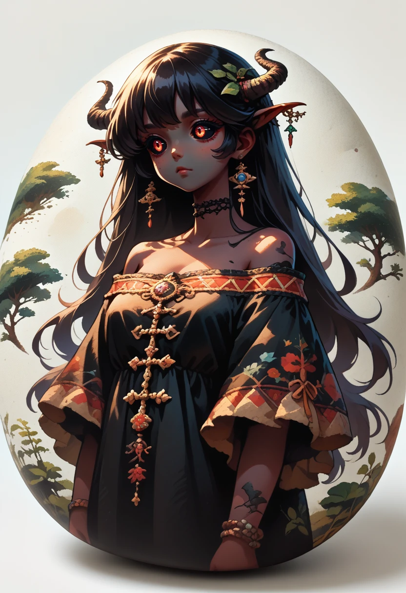 score_9, score_8_up, score_7_up, source_anime, 
<lora:wrenchPebblePainting:1>, wrnchpblpnt, pebble, white background, solo, nature, 
female, demon, caprine horn, black skin, black dress, jewelry, off shoulder, bangs, long hair, black sclera, medium breasts, pebble painting,