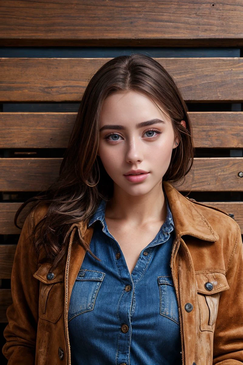 headshot of S521_AnnaArilaviee,an attractive woman,in front of a (wood block wall:1.1),wearing a (suede jacket),(shirt),ponytail,(4k, RAW photo, best quality, 50mm, depth of field, ultra high res:1.1),(intricate, photorealistic, cinematic-shot, masterpiece, ultra-detailed:1.1),