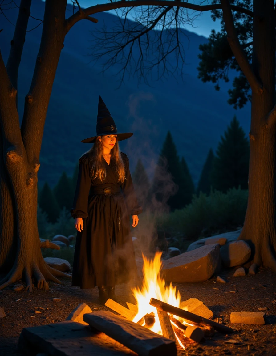 <lora:80s_dark_fantasy-000010:1>,the image shows a witch standing at a firepit at night,