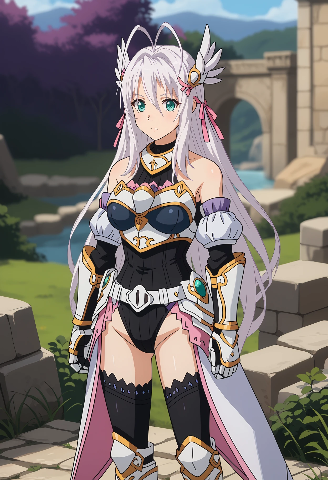 score_9,
<lora:HighschoolDxD_RossweisseXL:0.8>,
1girl, solo, closed mouth,
long hair, white hair, antenna hair, aqua eyes, hair ribbon, pink ribbon,
RossweisseValkyrie, hair ornament, bare shoulders, breastplate, black leotard, gauntlets, faulds, white belt, black thighhighs, greaves,
standing, looking at viewer,
purple sky, blurry background, outdoors, stone, scenery