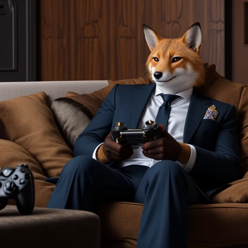 dsk_fantastical_art, realistic photograph of an anthro fox in a formal suit playing video games on the couch