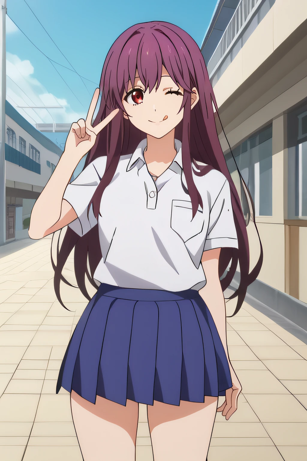 score_9, score_8_up, score_7_up, source_anime, rating_safe, intricate details, anime screencap, official style, 1girl, <lora:Akari_Hayasaka:1>, akari, purple hair, red eyes, long hair, school uniform, white shirt, short sleeves, blue skirt, thighs, five fingers, looking at viewer, outdoor, frontal view, cowboy shot, closed mouth, smile, tongue out, one eye closed, peace sign