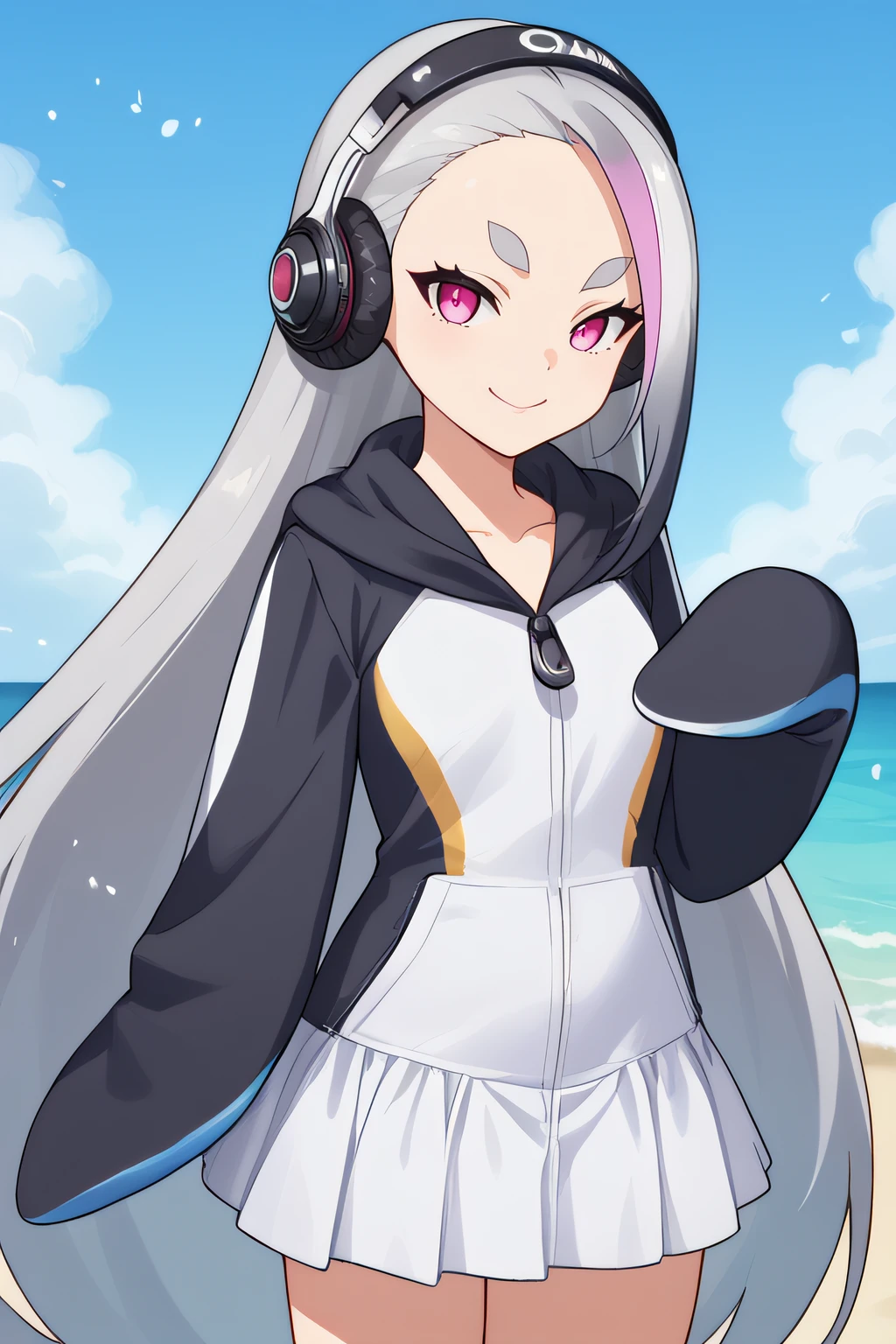 score_9, score_8_up, score_7_up, source_anime, rating_safe, intricate details, anime screencap, official style, 1girl, <lora:Giant_Penguin:1>, giapen, very long hair, grey hair, blue streaked hair, single hair intake, pink eyes, thick eyebrows, headphones, white skirt, zipper, sleeves past wrists, monochromatic sweatshirt, penguin costume, long sleeves, cowboy shot, naughty face, smile, looking at viewer, outdoor, snowfall