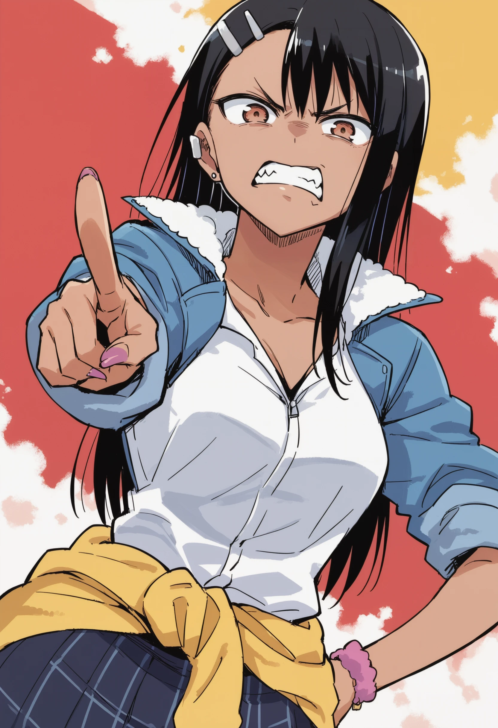 score_9, score_8_up, score_7_up, source_anime, rating_safe BREAK <lora:Nagatoro:1> N4G4T0R0, solo, dark skin, black hair, hairclip, earclip, angry, looking at viewer, gyaru, jacket around waist, hand on own hip, pointing at viewer, angry, dutch angle, straight-on