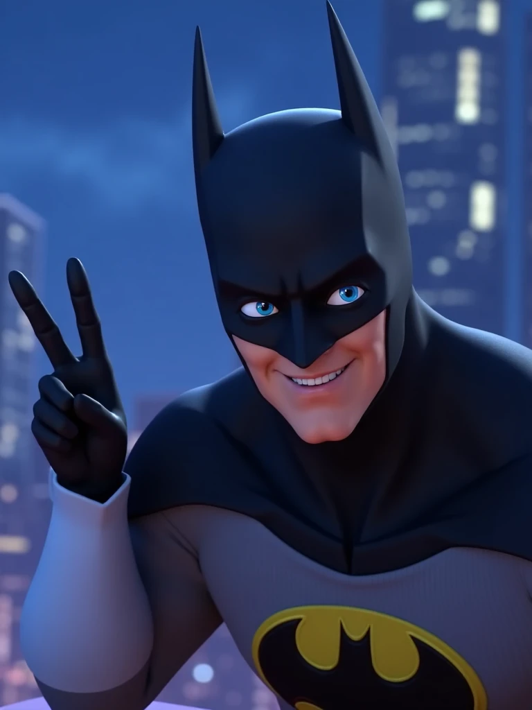 <lora:OverwatchCinematicStyle-guy90-FluxV1:1>, Overwatch Cinematic Style, batman on a rooftop at night, he is taking a selfie and giving a peace sign, close-up, smile, he has blue eyes