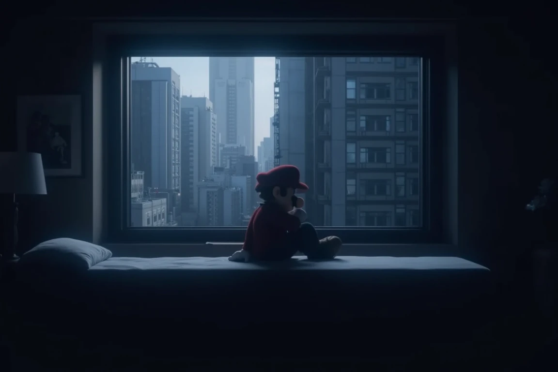 mario sitting on a bed by the koukaku window, knee up, look out the window, cityscape, dark room