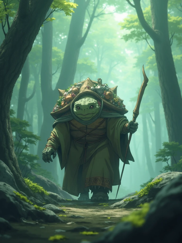 ntflxcstlvn style, anime screencap, an anthropomorphic turtle with a large decorated shell, walking through a dense misty forest towards viewer, the turtle is wearing a long flowing robe adorned with intricate patterns and holding a wooden staff, The shell is filled with various items including flowers and pouches, wandering sage, towering trees background, moss-covered rocks, soft ethereal light filtering through the forest canopy, a magical and serene atmosphere  <lora:SXZ_Castlevania_Flux:1>