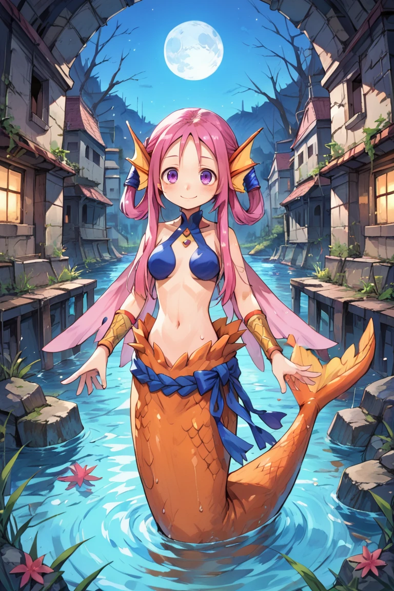 score_9, score_8_up, score_7_up, score_6_up, source_anime, BREAK, <lora:Nietzsche:0.9> , niedef, medium breasts, 1girl, hair rings, pink hair, long hair, sidelocks, purple eyes, monster girl, mermaid, kneeless mermaid, fins, head fins, mermaid tail, orange scales, wings, usekh collar, bracer, jewelry, navel, halterneck, bridgeless bra, bikini top only, blue shimenawa, solo, full body, smile, closed mouth, looking at viewer, exterior, ruins, lake, night, moon, (submerged), <lora:backgroundsetXL:0.3> , background, <lora:cr33pp41ntXLP:0.7> , cr33pp41nt,