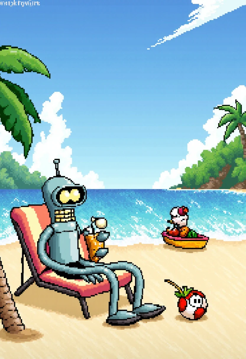 <NOTE: Turn down the strength of the model to 1.1 - 1.3 before using this example to remix!>
yoshislestyle, Bender on the beach, lounging, drinking a tropical drink.       <lora:Yoshis_Island_Style_F1D:1.8>