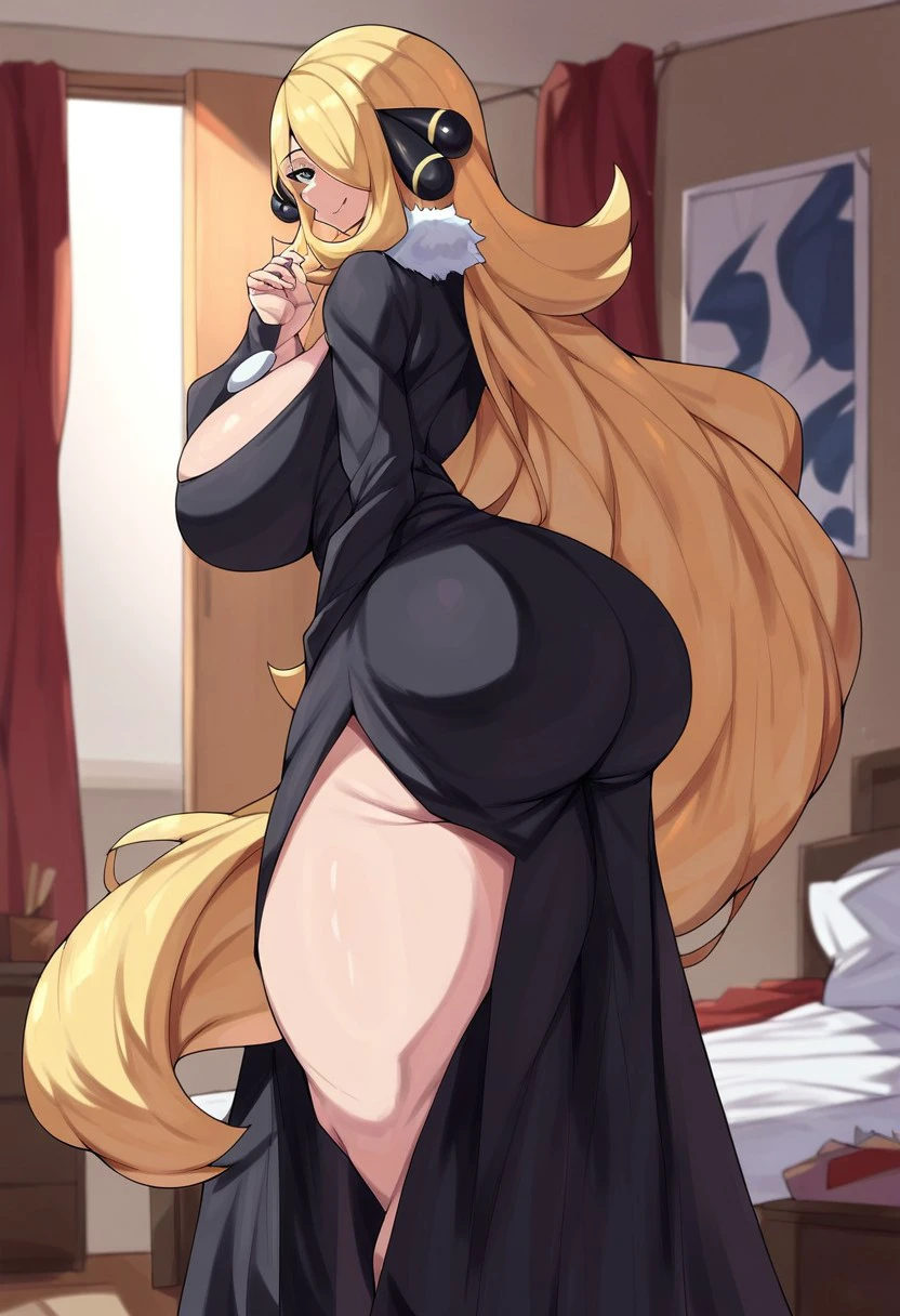 score_9, score_8_up, score_7_up, 1girl, solo,cynthia_(pokemon),  long hair, hair over one eye, hair ornament, fur collar, cleavage, black gown, long sleeves, black pants,cleavage,huge breast,massive breasts, huge butt,massive ass, butt focus, (covered butt),thick thighs,plump thighs, toned legs,thicc legs,looking at viewer, lewd expression, smile,standing,bedroom, back view,Fake_Face