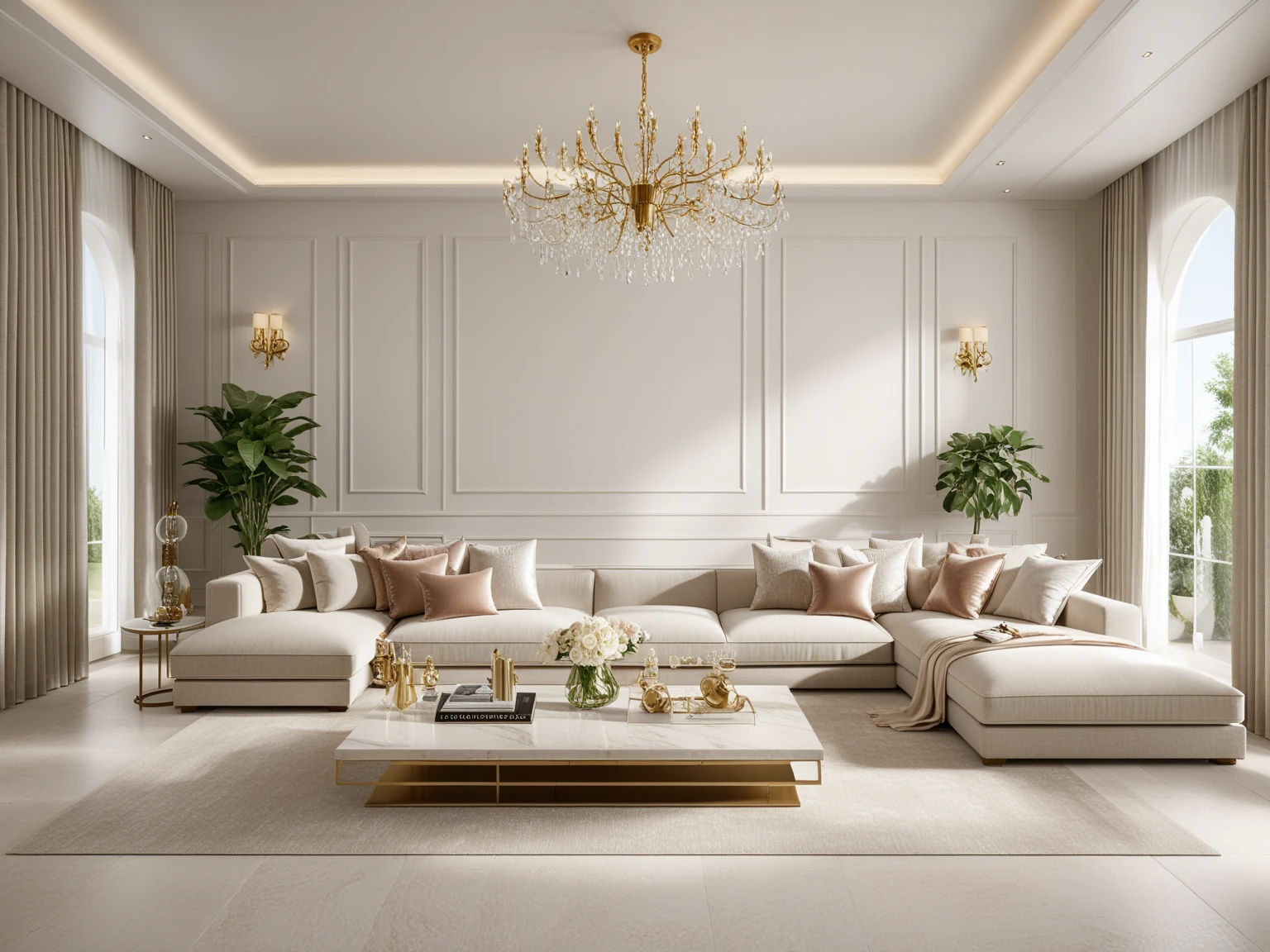 luxury chic style, interior design, living room, indoor light, natural light, clear tone, High resolution, C4D,UE5,realistic, 
