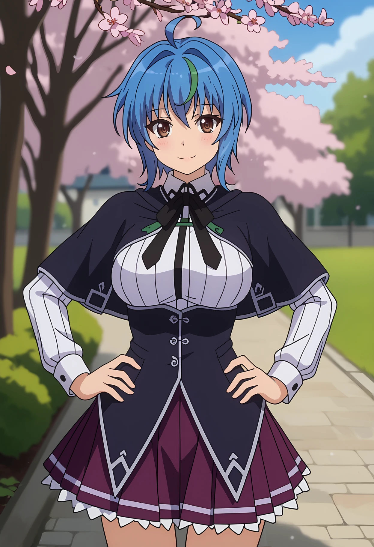 score_9,
<lora:HighschoolDxD_XenoviaQuartaXL:0.9>,
1girl, solo, closed mouth, light smile, light blush,
short hair, streaked hair, blue hair, green hair, brown eyes, ahoge,
XenoviaSchool, black capelet, striped shirt, white shirt, neck ribbon, black ribbon, long sleeves, black corset, buttons, pleated skirt, frilled skirt, purple skirt,
standing, looking at viewer, cowboy shot, thigh gap, hands on own hips,
blurry background, outdoors, school, cherry blossoms