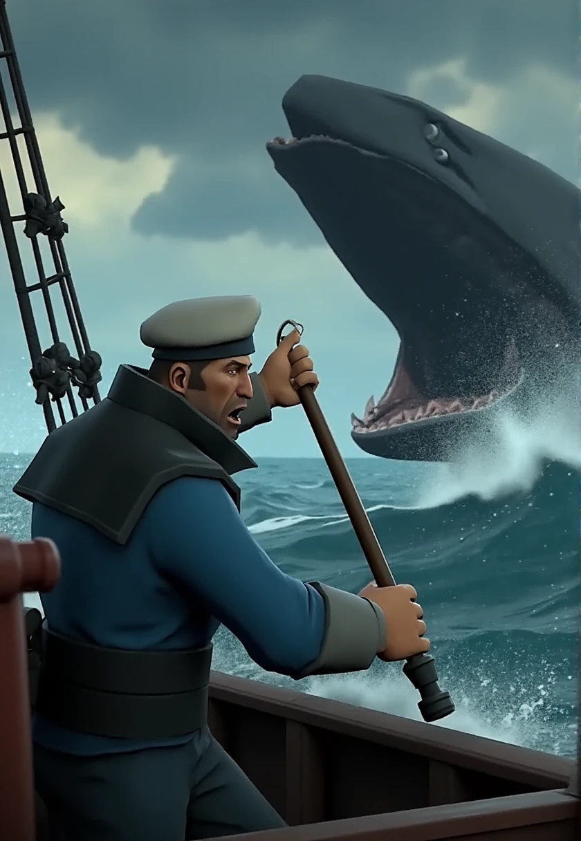 tf2style, A grizzled sailor yelling while throwing a harpoon at a whale during a heavy storm on a ship.   