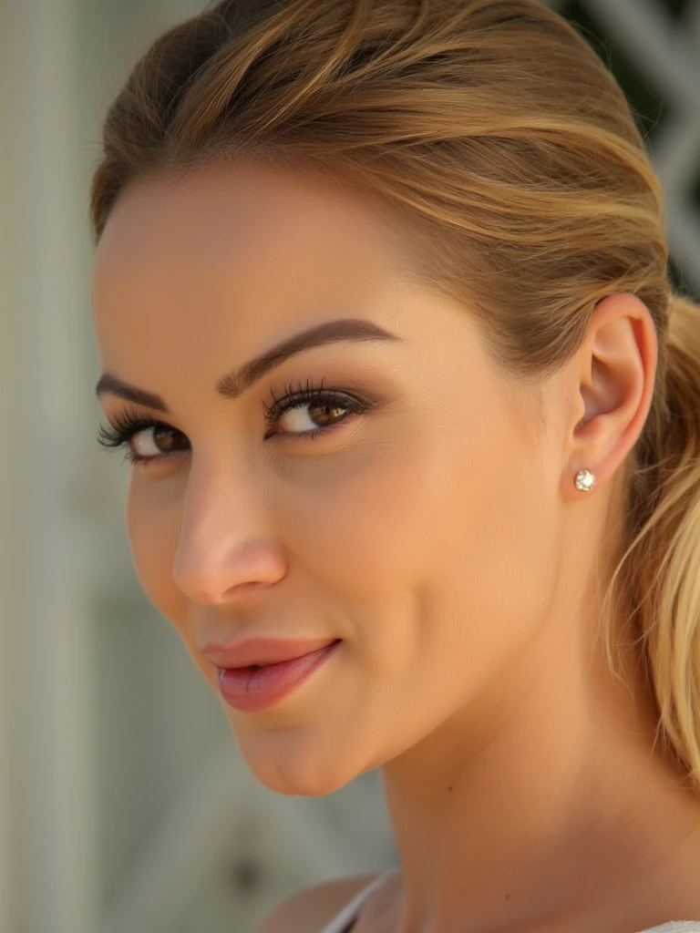 the image shows a closeup portrait of a beautiful woman. she has blonde hair in a ponytail. her eyes are beautiful and detailed and she is smiling.
She is wearing diamond earrings.
RAW photography, shallow depth of field, film grain, bokeh. Early morning light is shining in from the side creating interesting shadows.