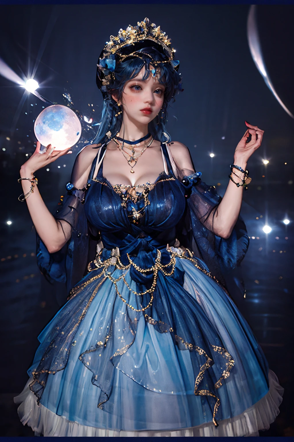 (masterpiece, best quality:1.2),illustration,8k,hd,Tyndall effect,huge filesize,1 girl,very long hair,solo,cldqz,dress,blue dress,hair ornament,bracelet,jewelry,choker,bracelet,bow,necklace,(blue hair:1.1),big breasts,cleavage,bouncing breasts,day,lake,simple background,hands down,((extremely detailed dress)),areola,nipples,