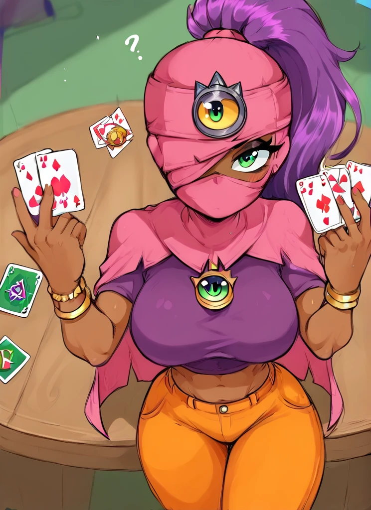 score_9, score_8_up, score_7_up,  bstara,  Third Eye, purple hair, ponytail, dark skin, dark-skinned female, mask, one-eyed, cape, bracelet, crop top, purple shirt, orange pants, 1girl, solo, long hair, breasts, large breasts, jewelry, green eyes, card, <lora:bstara:1> <lora:Aer0Zer0_Artist_Style:1> , blush  , blush stickers,  confused,  looking at viewer, behind table