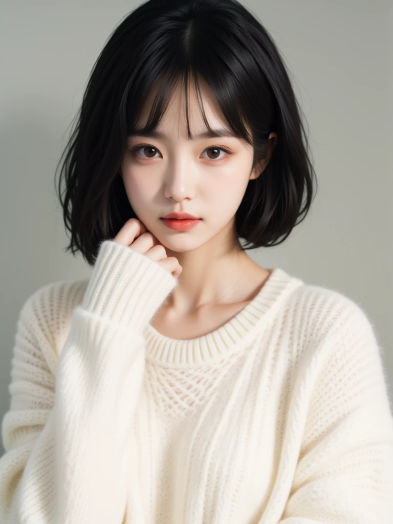 girl,white sweater,short black hair,