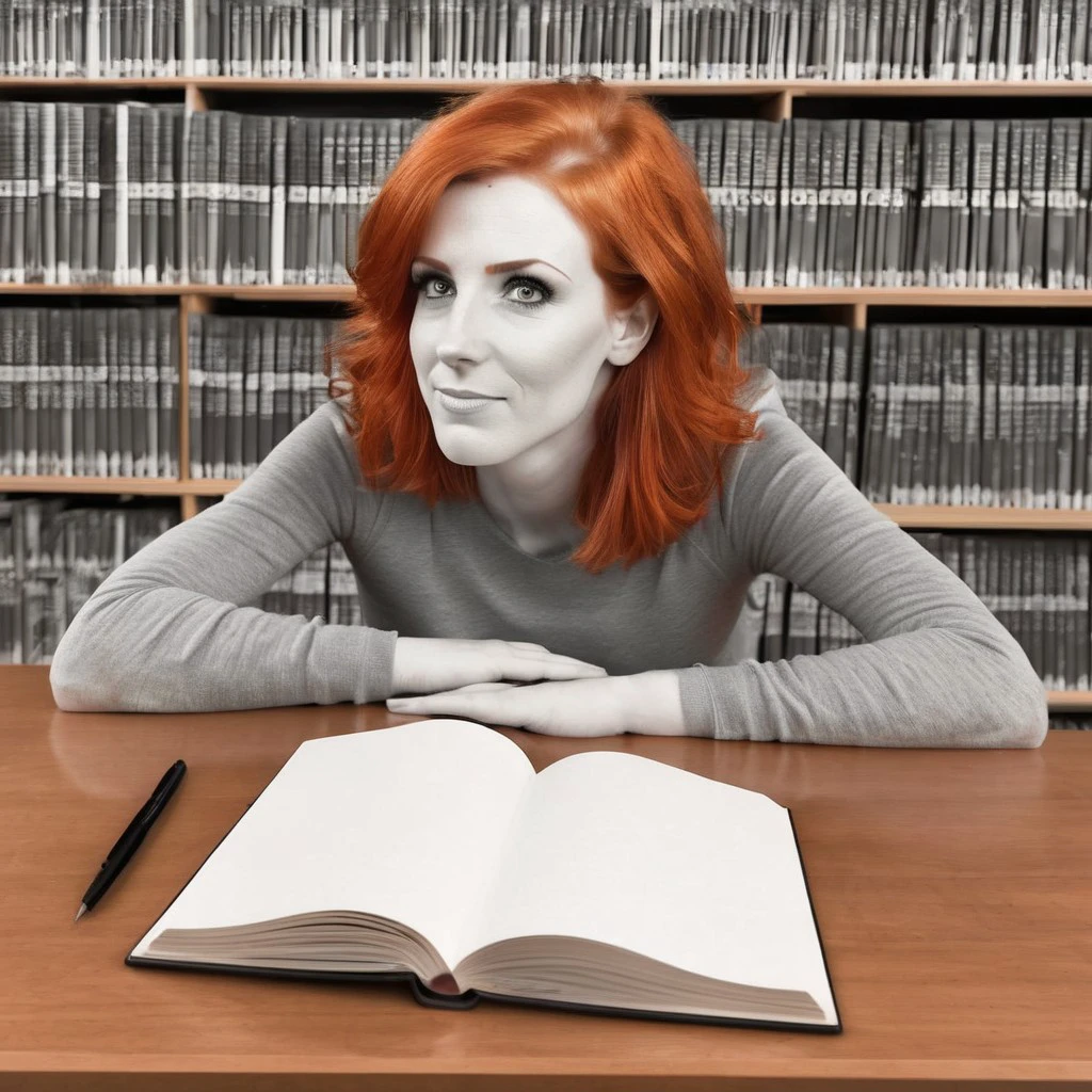 redhead, library, smiling, looking at viewer