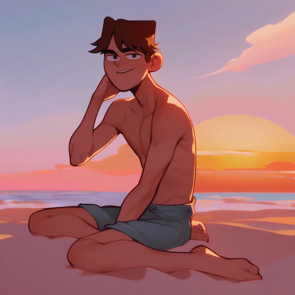 1boy, male focus, brown hair, light skin, cody, animated male character, outdoors, beach, sunset, looking at viewer, sitting on sand, score_9, score_8_up, score_7_up,