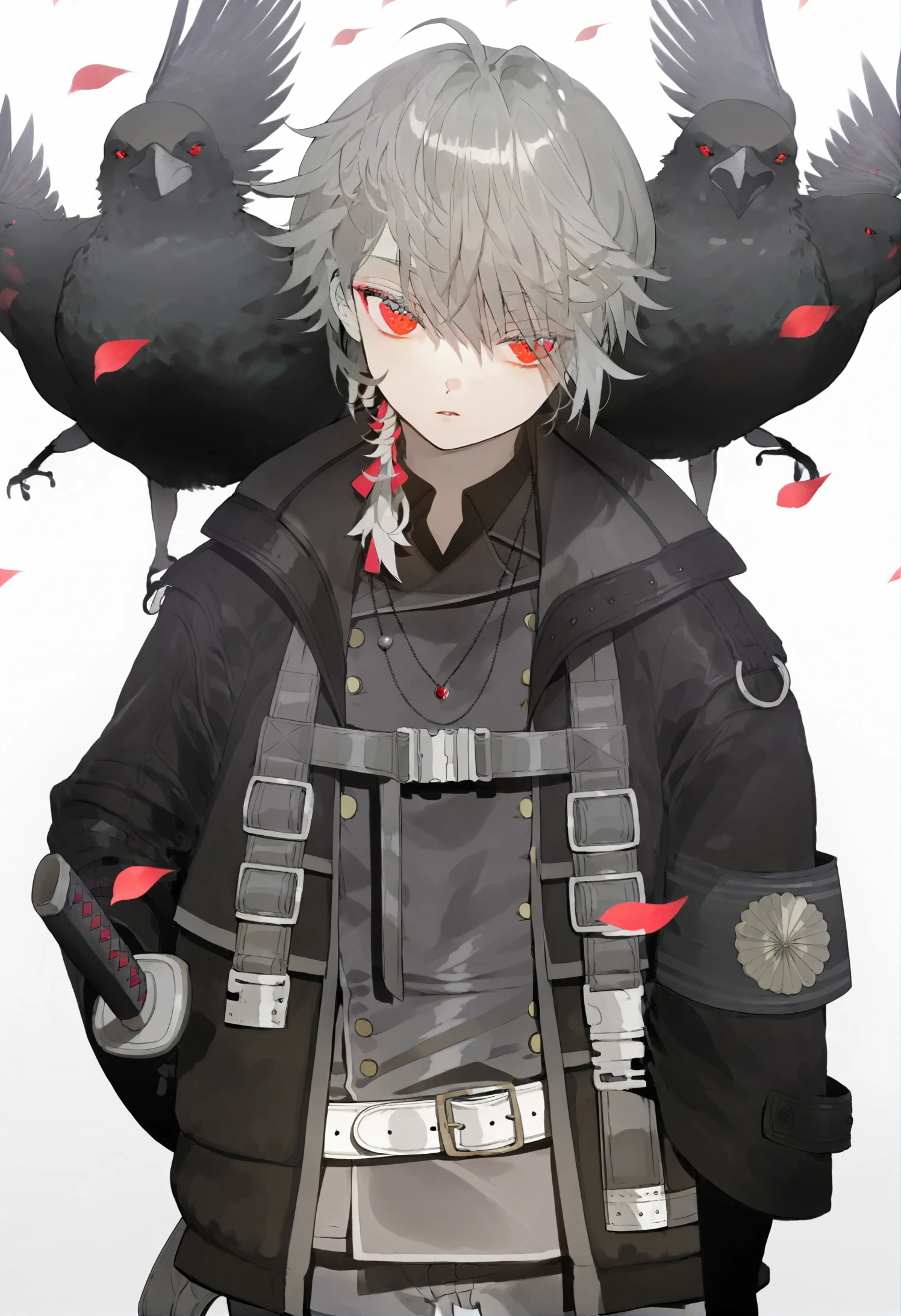 masterpiece, best quality, bird, bird on shoulder, crow, red eyes, belt, animal on shoulder, 1boy, weapon, sword, jewelry, male focus, solo, jacket, shirt, grey hair, katana, white background, spot color, necklace, pants, cowboy shot, buttons, sheath, white belt, armband, simple background, parted lips, belt buckle, black shirt, long sleeves, collared shirt, buckle, eyes visible through hair, sheathed, petals, open jacket, monochrome, open clothes, hair between eyes, looking at viewer, black jacket, short hair, coat, animal 
 <lora:karohrokaXLlokr4f-000180:0.95>