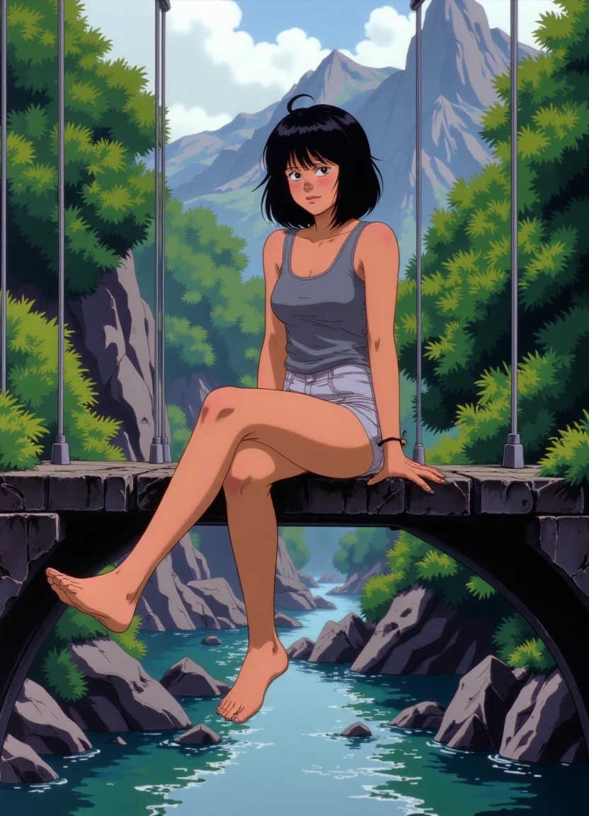 akira_style, a woman sitting on the edge of a suspension bridge looking down at the water. she has a bored look on her face