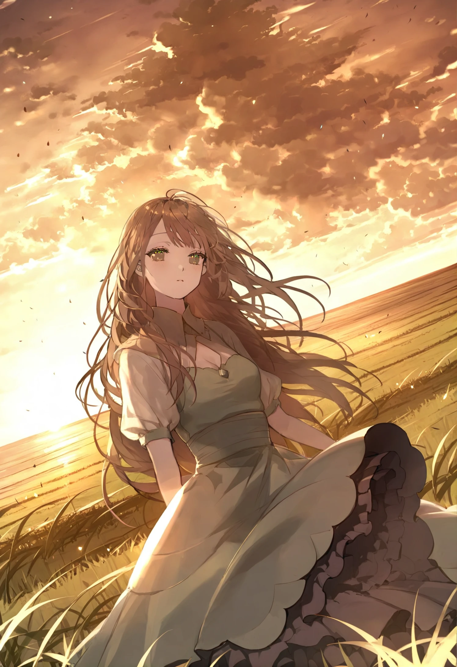 masterpiece, best quality, scenery, 1girl, sky, solo, outdoors, long hair, cloud, grass, sunset, dress, horizon, light particles, fantasy, field, dutch angle 
 <lora:karohrokaXLlokr4f-000180:0.95>