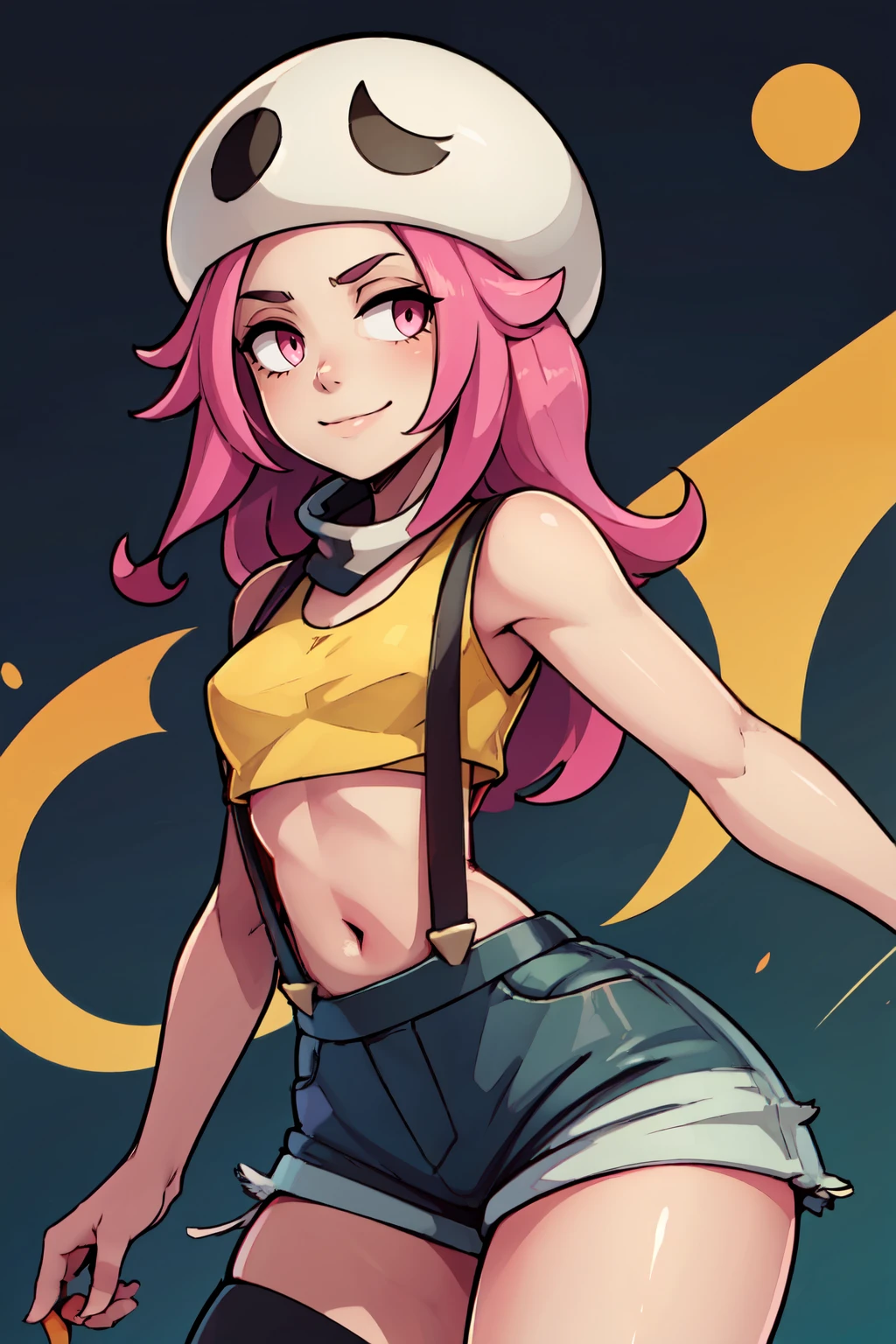 ((masterpiece,best quality)), absurdres,  BREAK, , <lora:Skull_Grunt_Pokemon:0.8>, zzSkullGrunt, pink eyes, pink hair, long hair, , BREAK,  <lora:Misty_Pokemon_Cosplay_v3:0.8>,  misty (pokemon) (cosplay), yellow crop top, suspenders,, BREAK, solo, smile, looking at viewer, cowboy shot,