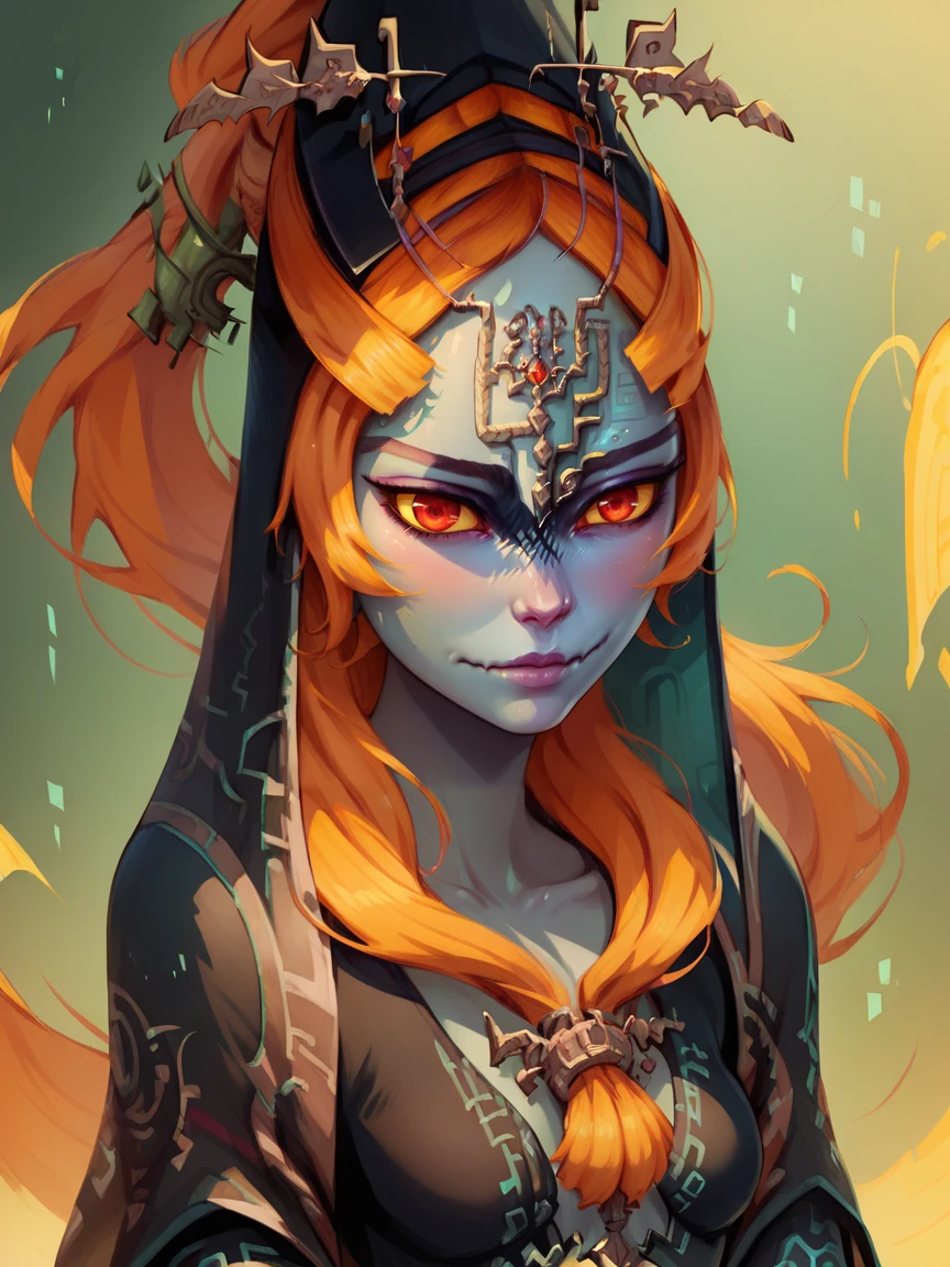 score_9, score_8_up, score_7_up, score_6_up, score_5_up,   <lora:midnaXLP:1> midna, 1girl, solo, orange hair, blue skin, front ponytail, long hair, red eyes, yellow sclera, upper body, cleavage, purple hair,