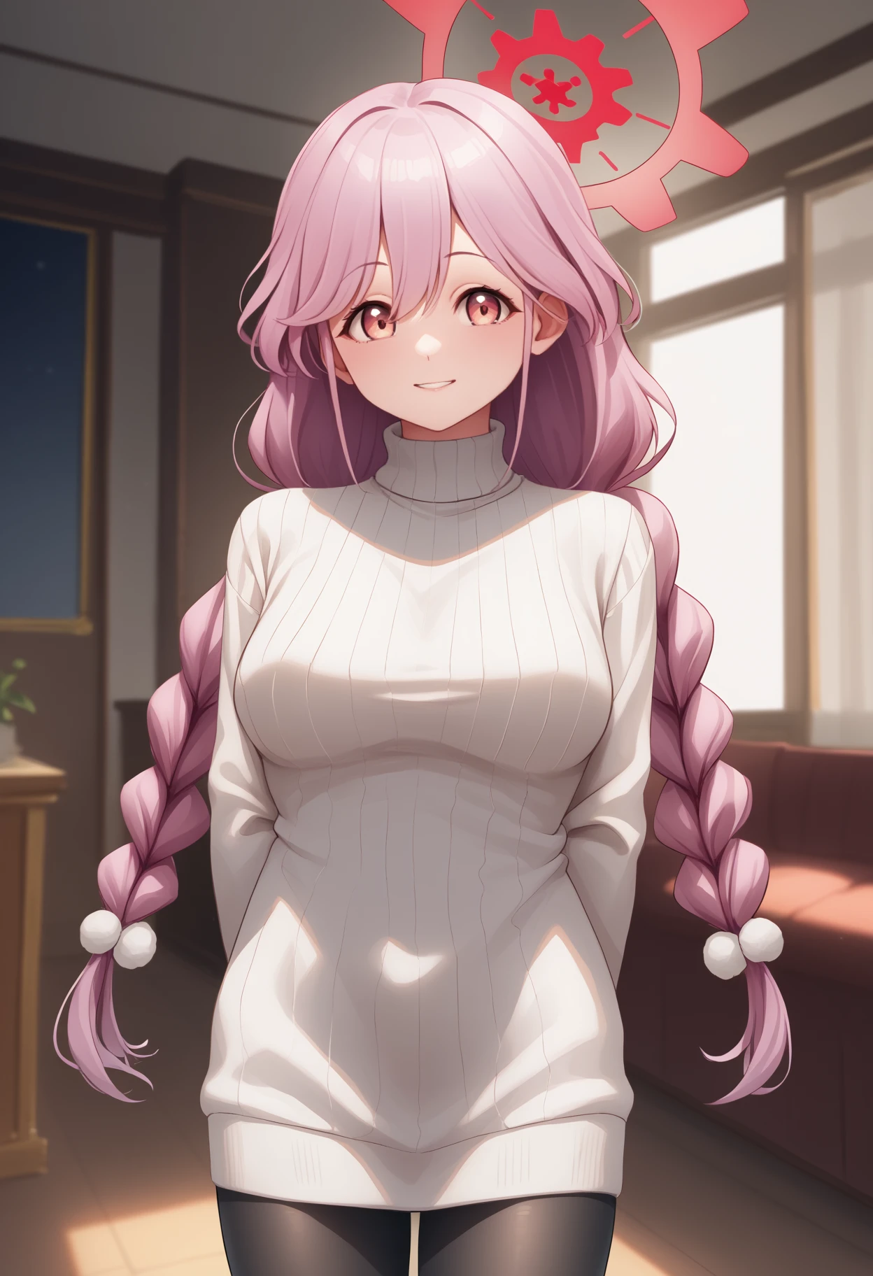 score_9, score_8_up, score_7_up, source_anime, <break> solo, 1girl, tomodef, smile, looking at viewer, standing, arms behind back, twin braids, halo, white sweater, sweater dress, ribbed sweater, turtleneck, black pantyhose, indoors
<segment:yolo-face_yolov8m.pt,0.4,0.5//cid=1>