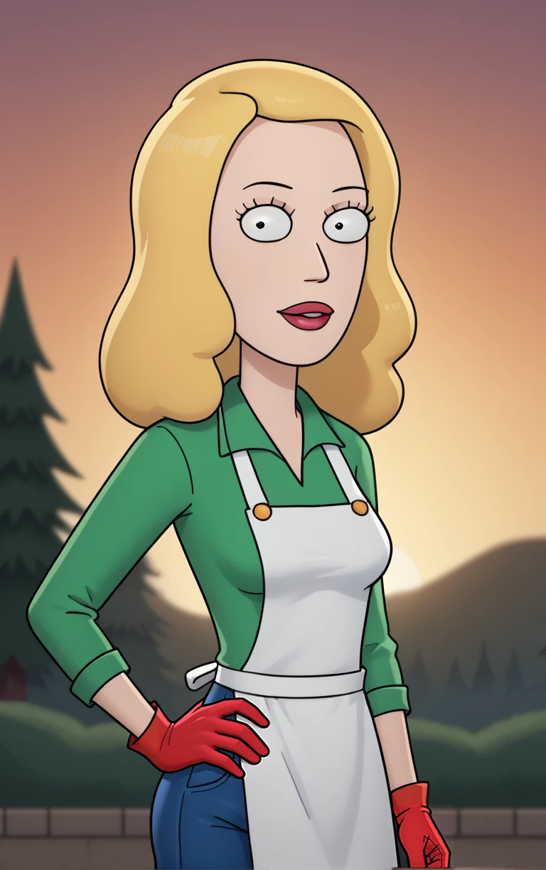 score_9, score_8_up, score_7_up, outdoors, solo, looking at viewer, BREAK
(contrapposto, hand on hip),
NurseOperationOutfit_BethSmith_ownwaifu,
1girl, blonde hair, constricted pupils, black eyes,eyelashes, long hair,
white apron, apron, green shirt, gloves, blood, long sleeves, overalls, red gloves, toon (style),
(contrapposto, hand on hip), sunset, sidelighting, <lora:PONYXL_MOM_BethSmith_ownwaifu:1>,
depth of field, light particles,