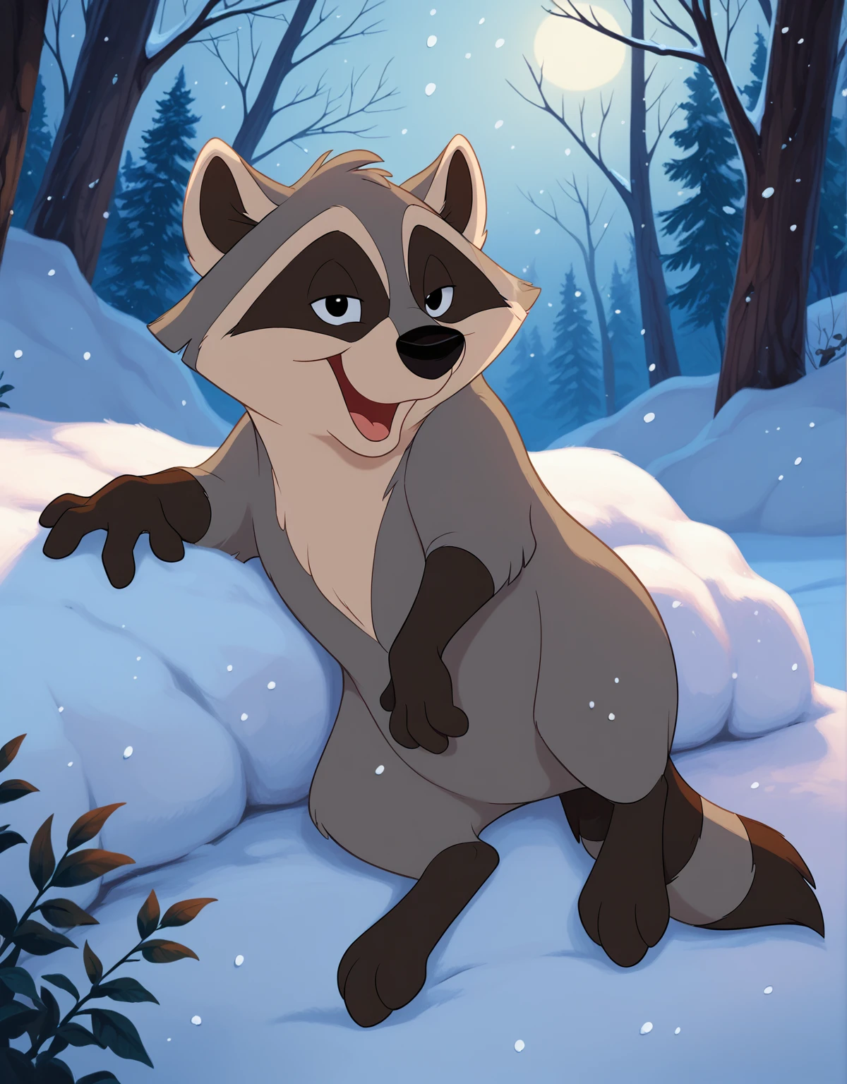 j_cartoon, <lora:MeekoXL:0.9>, meeko, Disney, score_9, score_8_up, score_8, solo, (feral), (small), male, detailed fur, (gray fur), raccoon tail, (((four fingers:1.3))), (toony eyes), (black eyes), ((looking cute)), ((happy expression)), ((mouth open)), ((looking at viewer seductively:1.6)), (((bedroom eyes))), sexy, breathtaking, cute, environmental lighting, award-winning, professional, highly detailed, ((detailed shaders)), beautiful, perfect plot, perfect hips, high quality, (small body proportions), night-time, outdoors, snowy forest, ((on side)), (In snow), <lora:Furtastic_Detailer:1>,