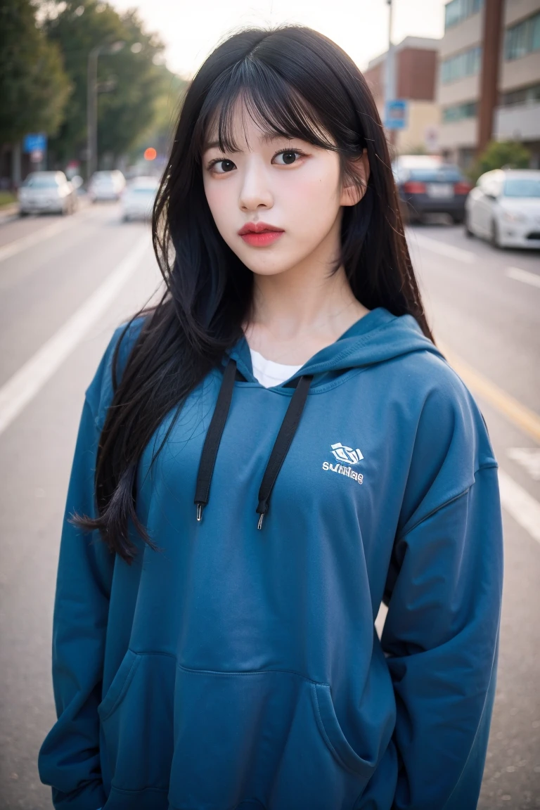 upper body photo of iveyujin in blue hoodie, makeup, streets, day, hard shadows, (photorealistic:2.0), <lora:iveyujin-v3:1>