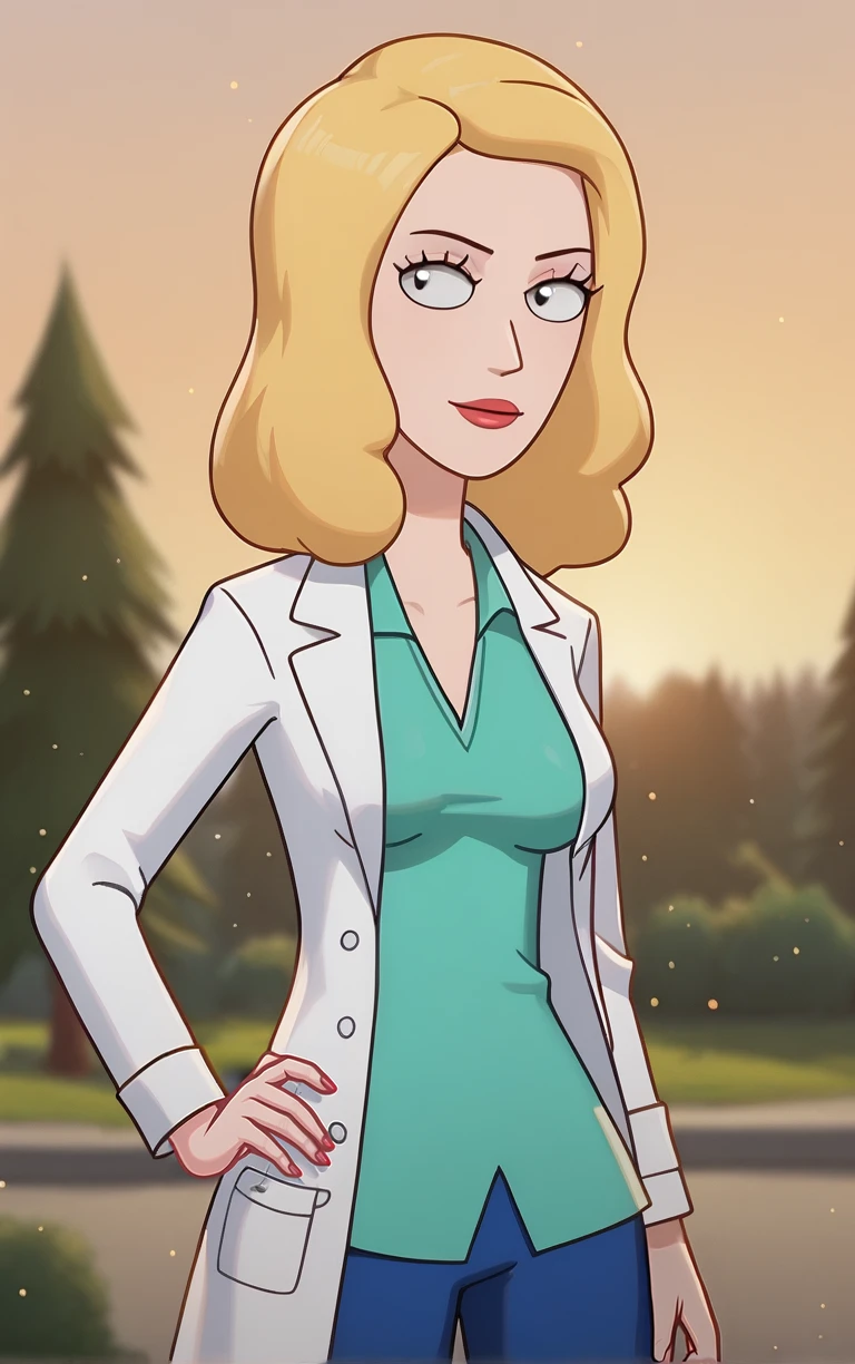 score_9, score_8_up, score_7_up, outdoors, solo, looking at viewer, BREAK 
(contrapposto, hand on hip), 
NurseOutfit_BethSmith_ownwaifu, 
1girl, blonde hair, constricted pupils, black eyes,eyelashes, lipstick, makeup, medium hair, red lips,
labcoat, green shirt, pants, shirt, toon (style),
(contrapposto, hand on hip), sunset, sidelighting, <lora:PONYXL_MOM_BethSmith_ownwaifu:1>,
 depth of field, light particles,