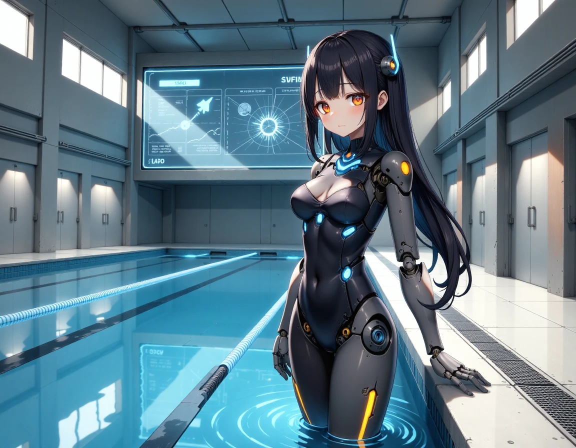 anime artwork, masterpiece, absurdres,bisyojo,mechagirl,cute,kawaii,japanese anime,manga,
The following image is rendered by a game engine.
describe the scene with intricate details,
add a highly textured and ornate design,
An anime-styled mech girl with long, sleek black hair that completely covers one of her glowing eyes, embodying the classic "mekakure" style. She is wearing a futuristic version of a traditional school swimsuit, designed with a high-tech fabric that has subtle glowing lines and metallic accents, giving it a sleek and modern appearance. Her exposed cybernetic limbs are elegantly crafted, with intricate mechanical details visible along her arms and legs. She stands confidently at the edge of a large, futuristic indoor pool, with the water reflecting shimmering blue lights from the advanced lighting system overhead. Her expression is a mix of aloofness and subtle curiosity, her visible eye glowing softly from beneath her dark hair. The scene is set in a high-tech aquatic facility, with sleek, metallic walls and holographic displays showing swimming stats and data. The perspective is slightly low-angle to emphasize her presence, with soft reflections of her form on the water's surface. The lighting is cool and ambient, with soft blue hues creating a serene yet futuristic atmosphere.
 <lora:mechagirl_v2:1.4>